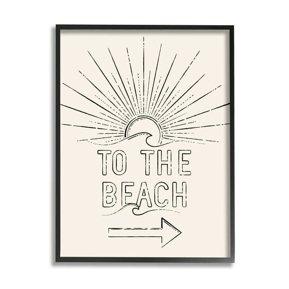 Stupell Industries To The Beach Weathered Vintage Sun Horizon Typography Graphic Art Black Framed Art Print Wall Art, Design by JJ Design House LLC