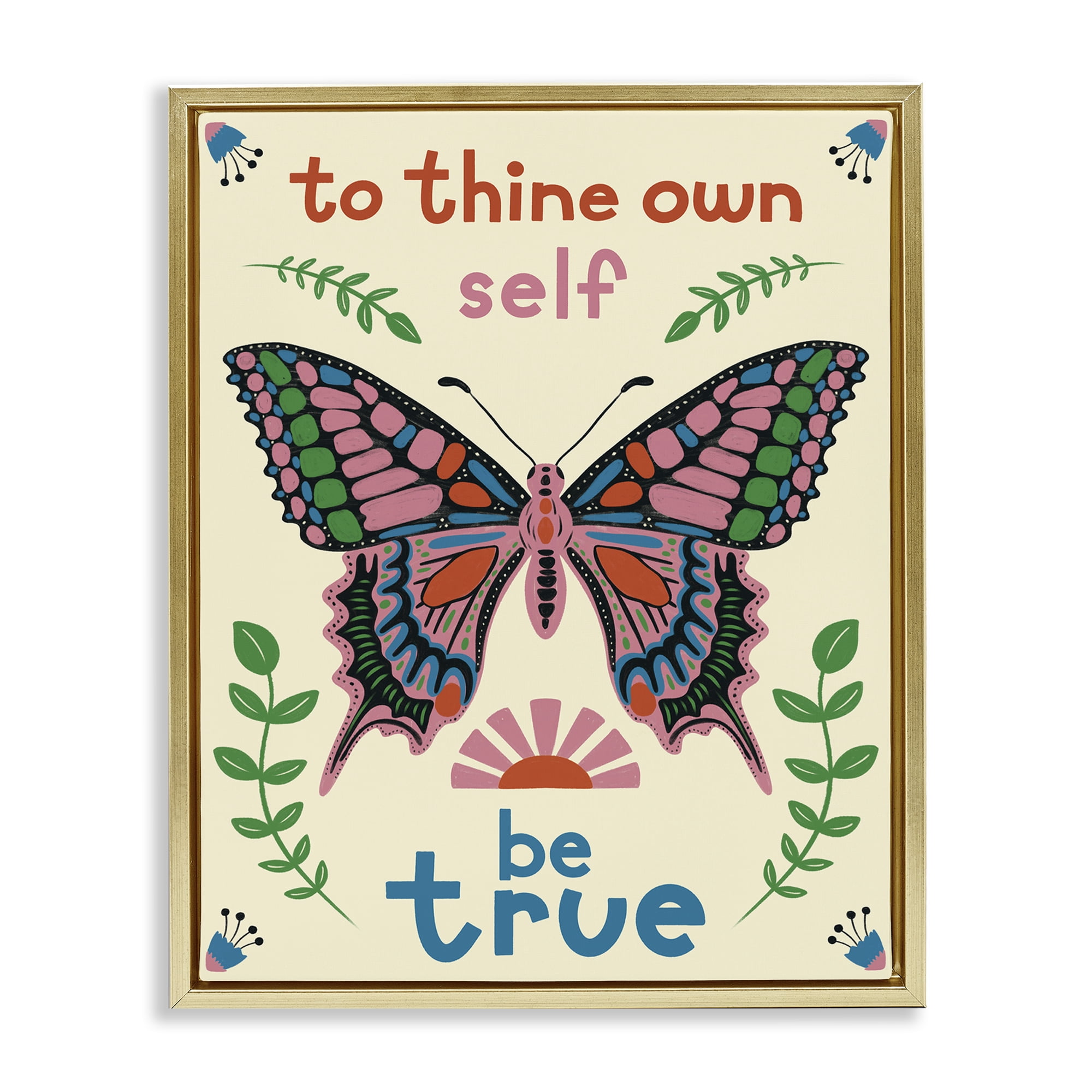 Stupell Industries To Thine Self Be True Phrase Insects Painting Gold Floater Framed Canvas Art Print Wall Art, 25 x 31