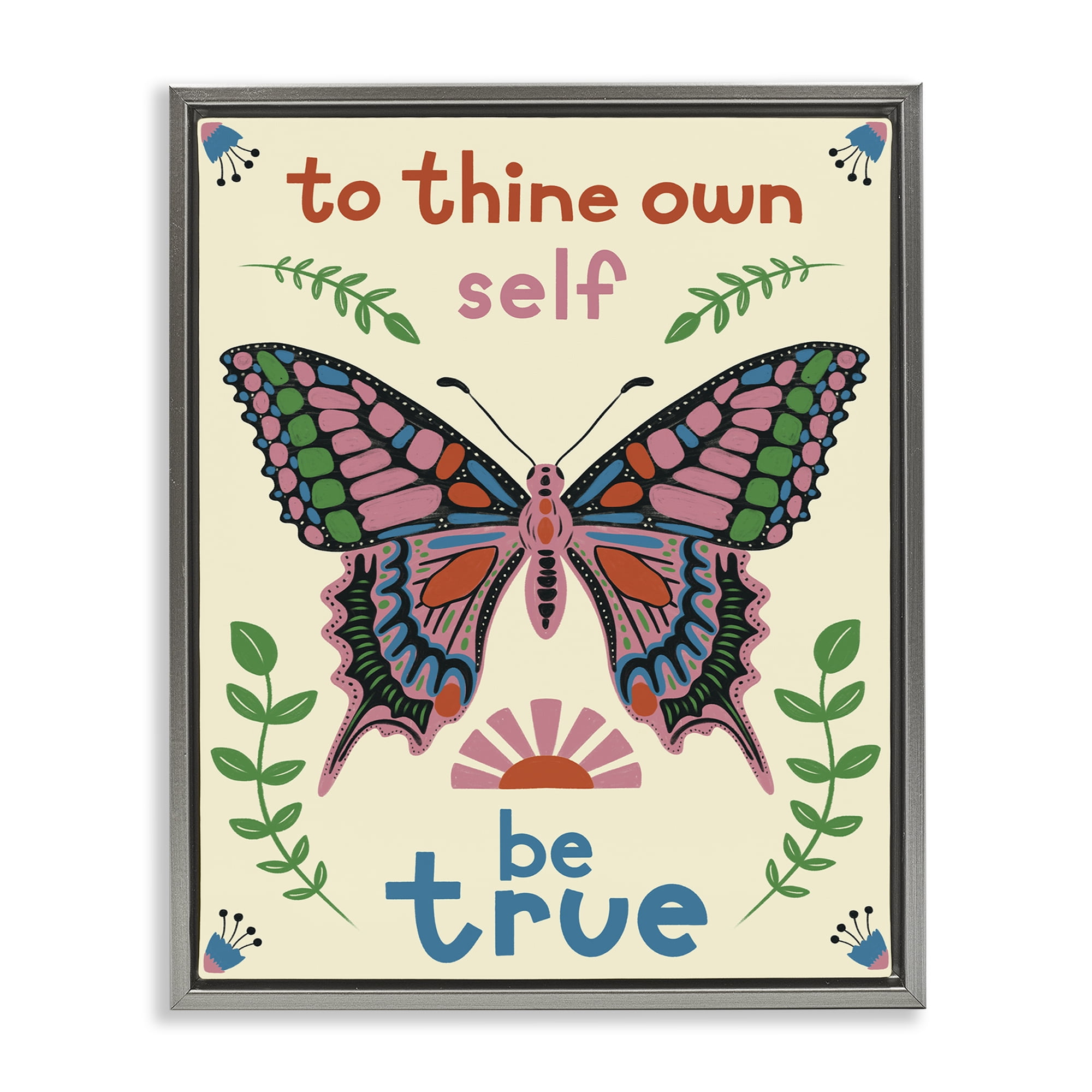 Stupell Industries To Thine Self Be True Phrase Insects Painting Gray Floater Framed Canvas Art Print Wall Art, 17 x 21