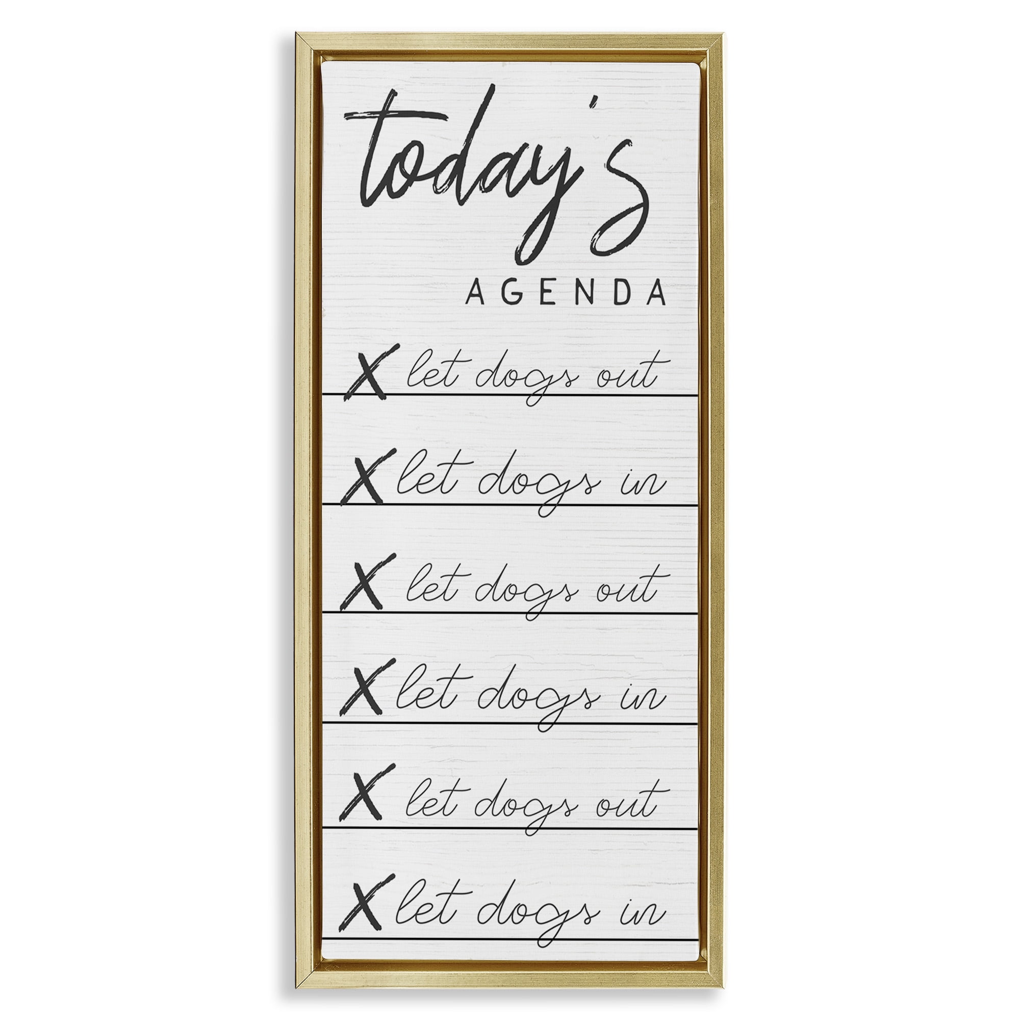 Stupell Industries Today's Agenda Funny Dog Checklist Typography Painting Gold Floater Framed Canvas Art Print Wall Art, 11 x 25