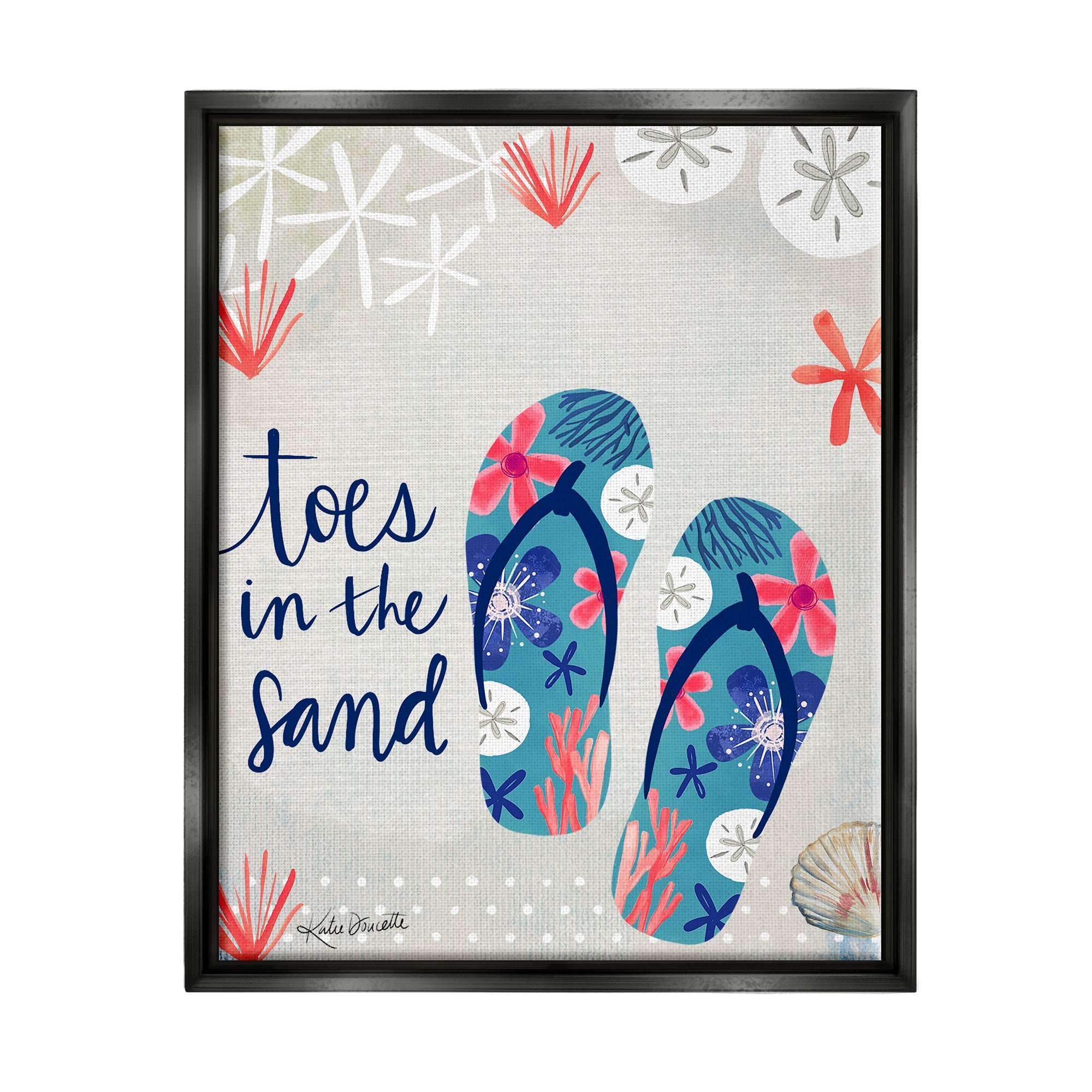 Stupell Industries Toes In Sand Varied Beach Botanical Patterned Flip-Flops Graphic Art Jet Black Floating Framed Canvas Print Wall Art, Design by Katie Doucette