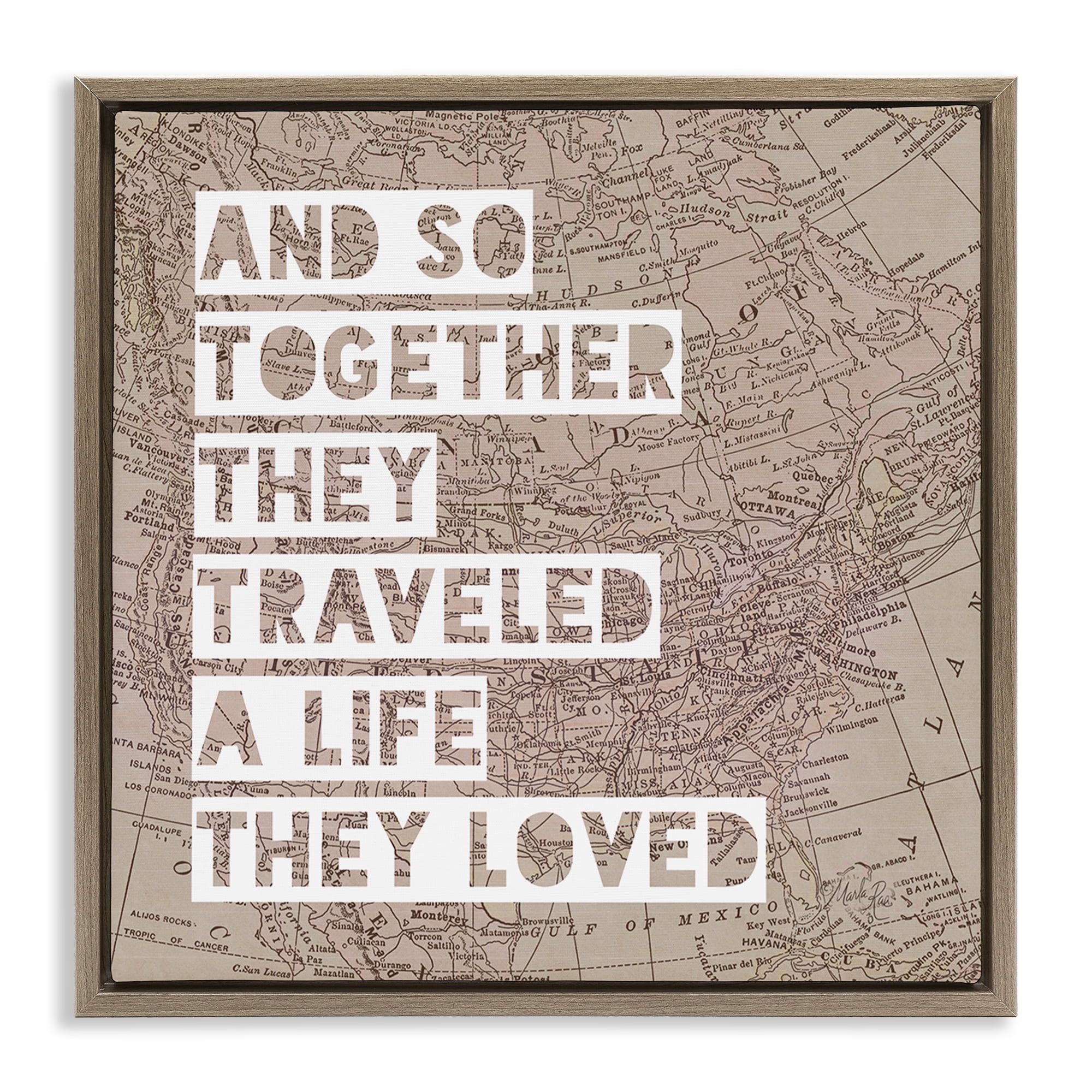 Stupell Industries Together They Traveled Text & Numbers Painting Brown Floater Framed Canvas Art Print Wall Art, 25 x 25