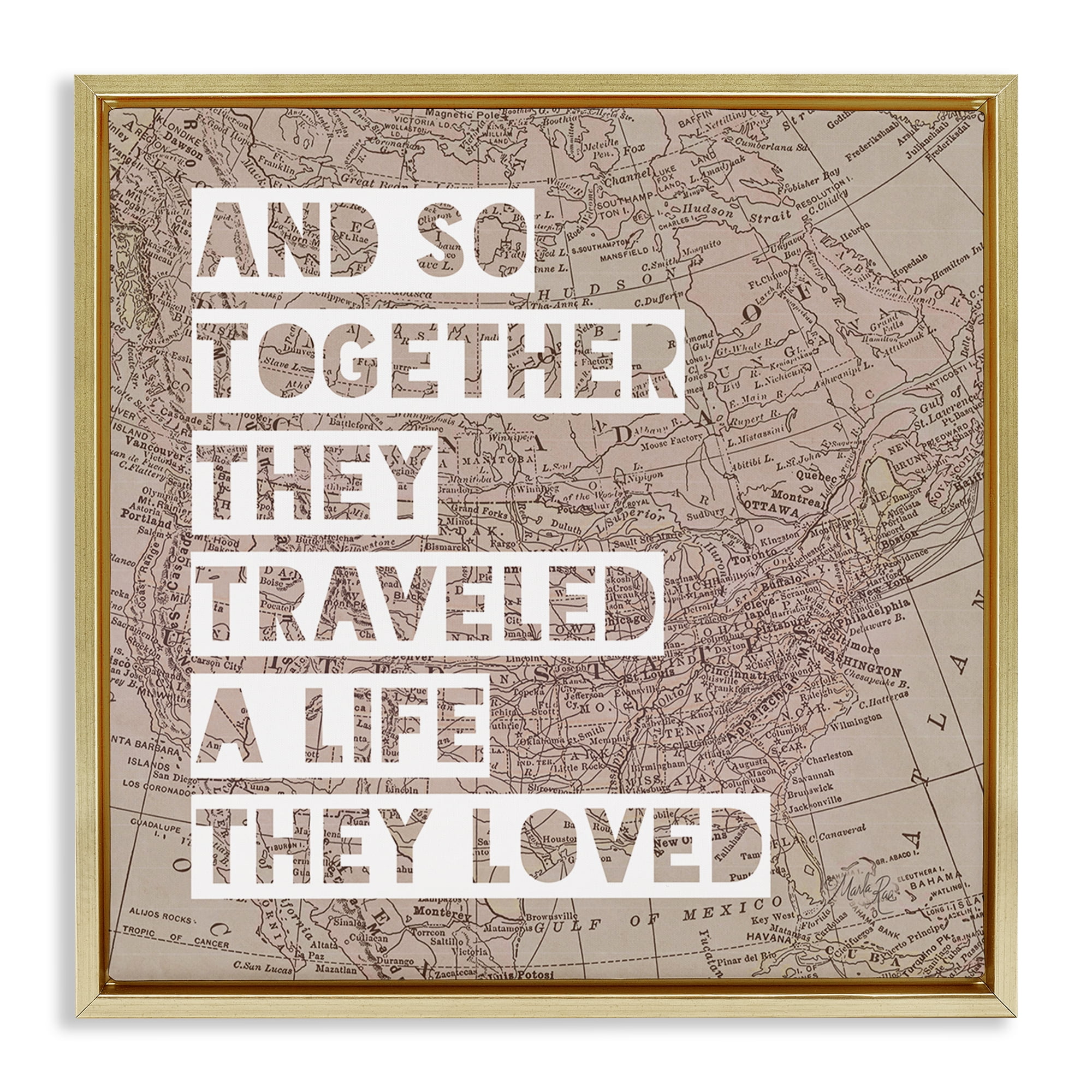 Stupell Industries Together They Traveled Text & Numbers Painting Gold Floater Framed Canvas Art Print Wall Art, 18 x 18