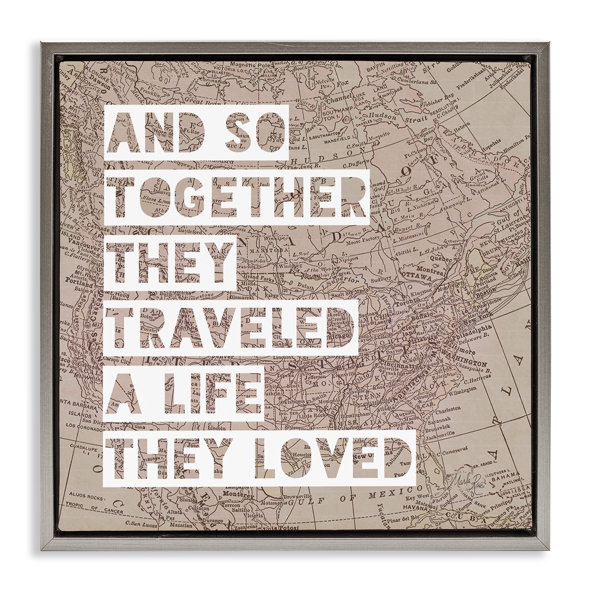 Stupell Industries Together They Traveled Text & Numbers Painting Gray Floater Framed Canvas Art Print Wall Art, 18 x 18