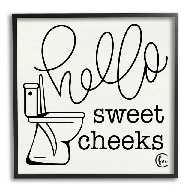 Stupell Industries Toilet Hello Sweet Cheeks Black and White Curly Script Cursive Typography, 24 x 24,Design by Penny Lane Publishing