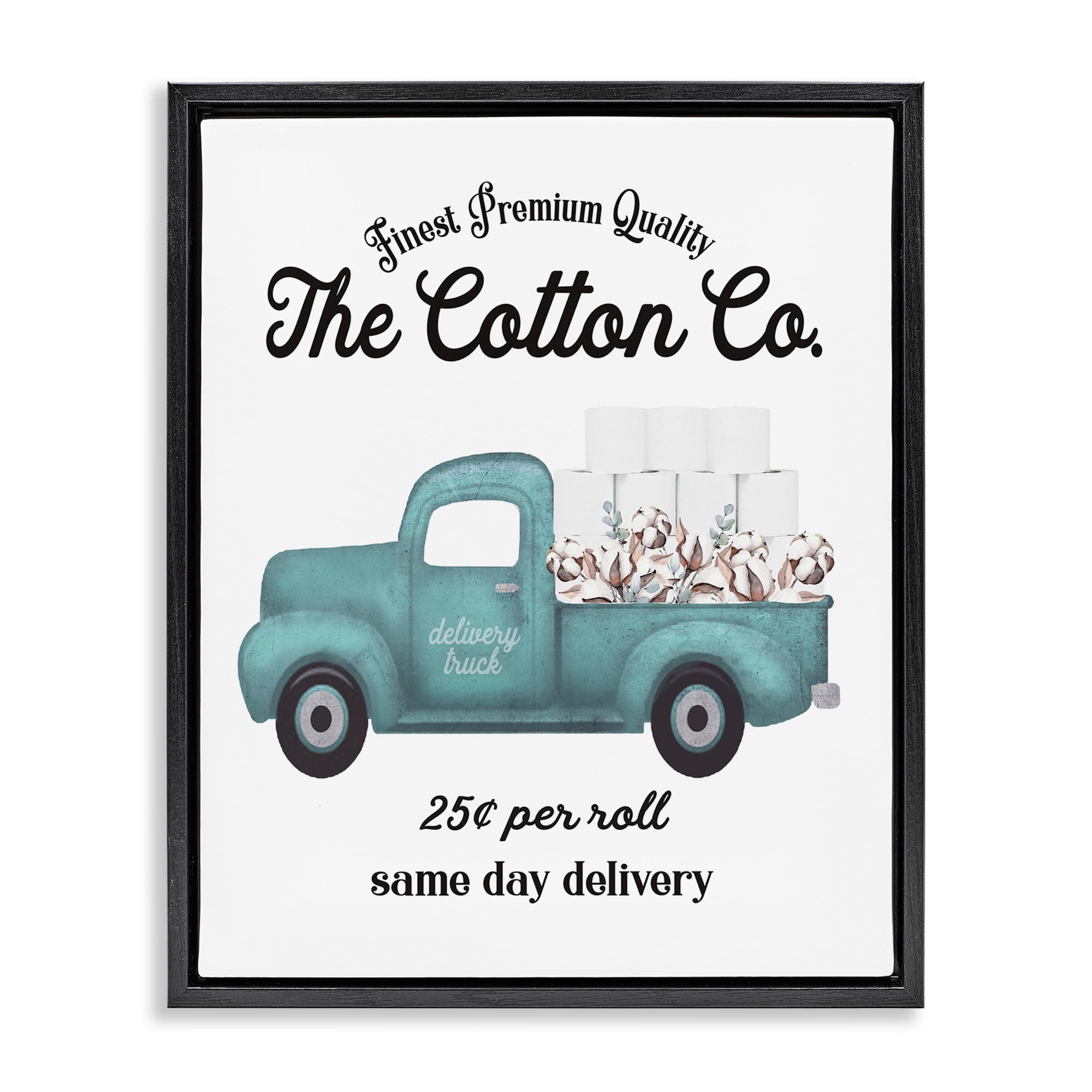Stupell Industries Toilet Paper Cotton Co Delivery Truck Bathroom Word Design Jet Black Framed Floating Canvas Wall Art, 24x30, by Lettered and Lined