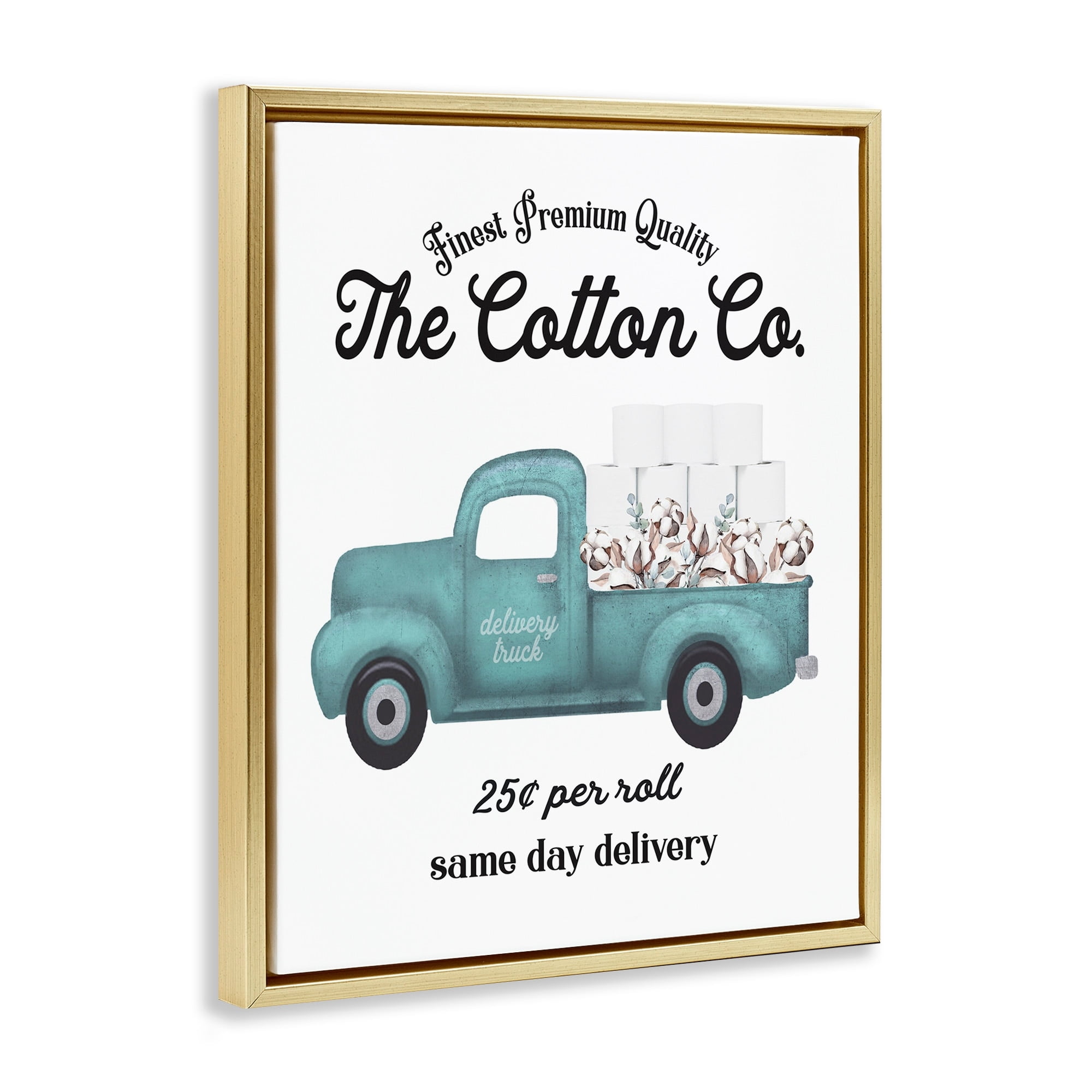 Stupell Industries Toilet Paper Cotton Co Delivery Truck Bathroom Word Design Metallic Gold Framed Floating Canvas Wall Art, 16x20, by Lettered and Lined