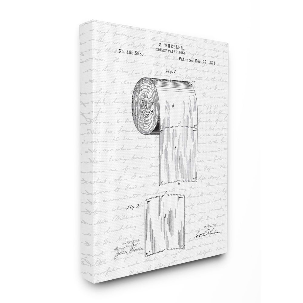 Stupell Industries Toilet Paper Roll Patent Black And White Bathroom Design Canvas Wall Art by Lettered and Lined