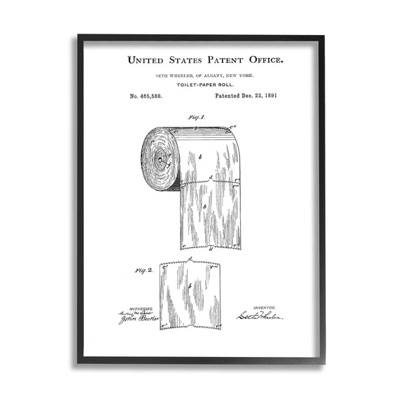 Stupell Industries Toilet Paper Roll Vintage Patent Minimal Black White, 24 x 30, Design by Studio W 