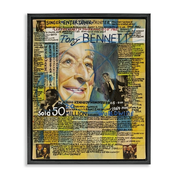 Stupell Industries Tony Bennett Collage People Drawing Black Floater Framed Canvas Art Print Wall Art, 17 x 21