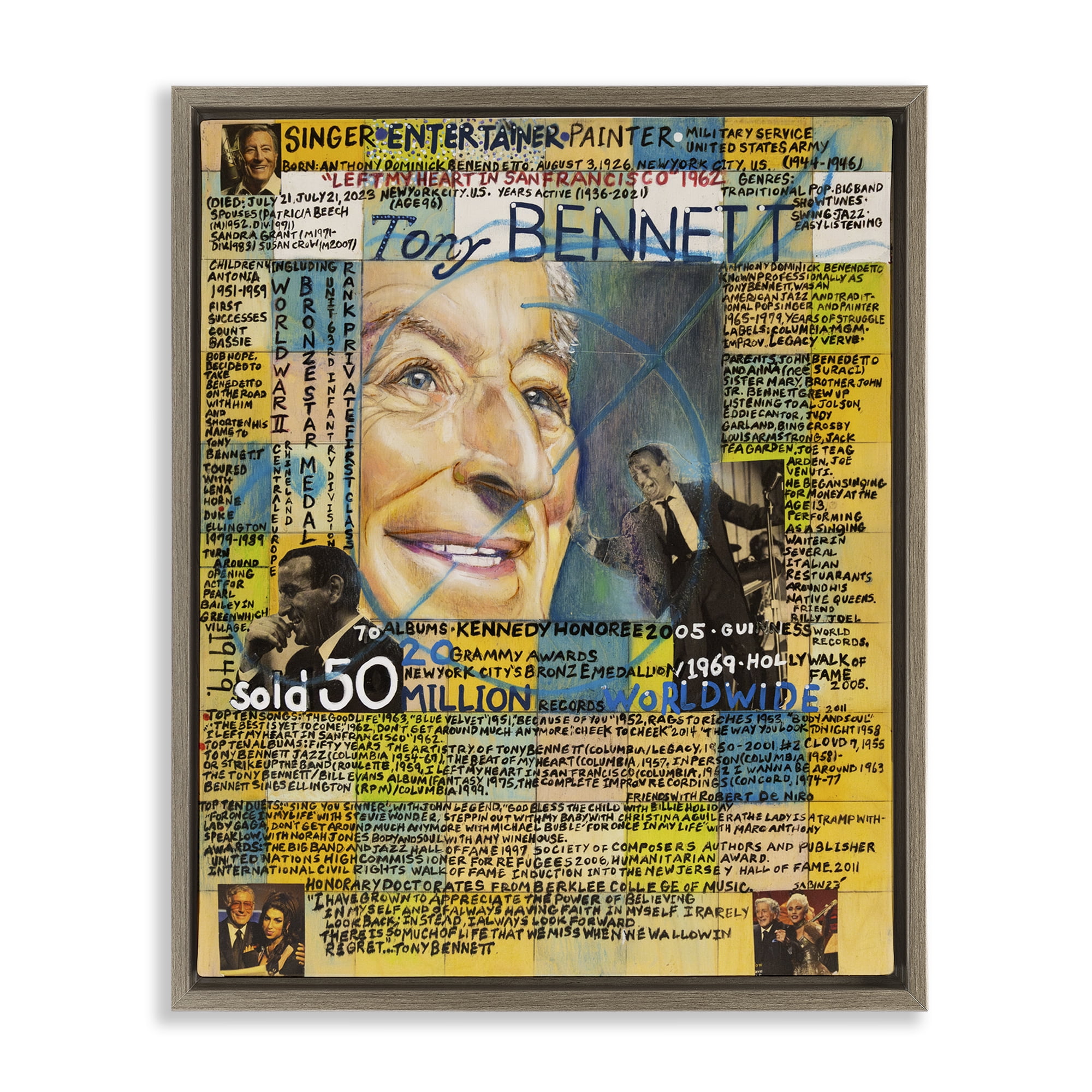 Stupell Industries Tony Bennett Collage People Drawing Brown Floater Framed Canvas Art Print Wall Art, 17 x 21