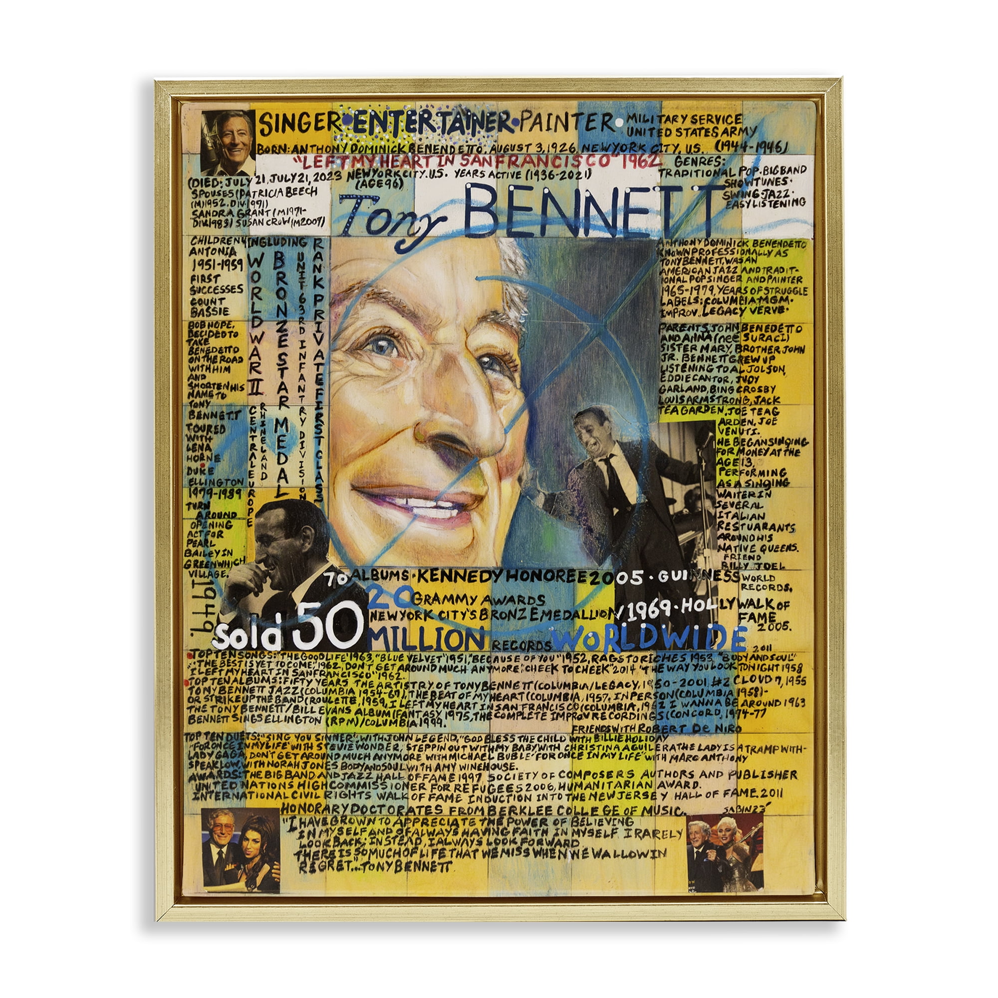 Stupell Industries Tony Bennett Collage People Drawing Gold Floater Framed Canvas Art Print Wall Art, 25 x 31