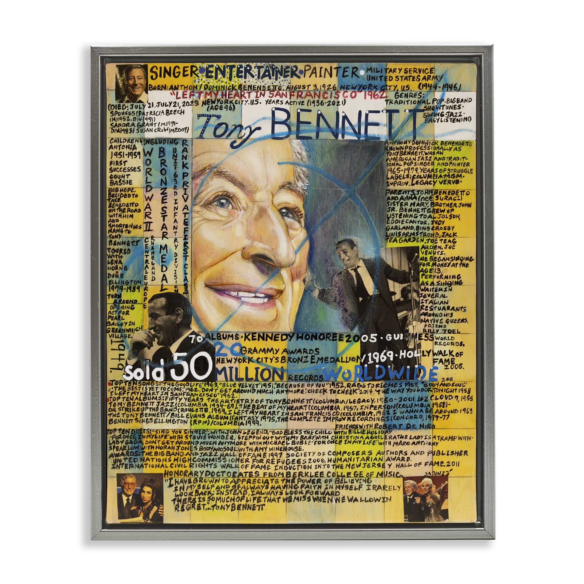 Stupell Industries Tony Bennett Collage People Drawing Gray Floater Framed Canvas Art Print Wall Art, 17 x 21