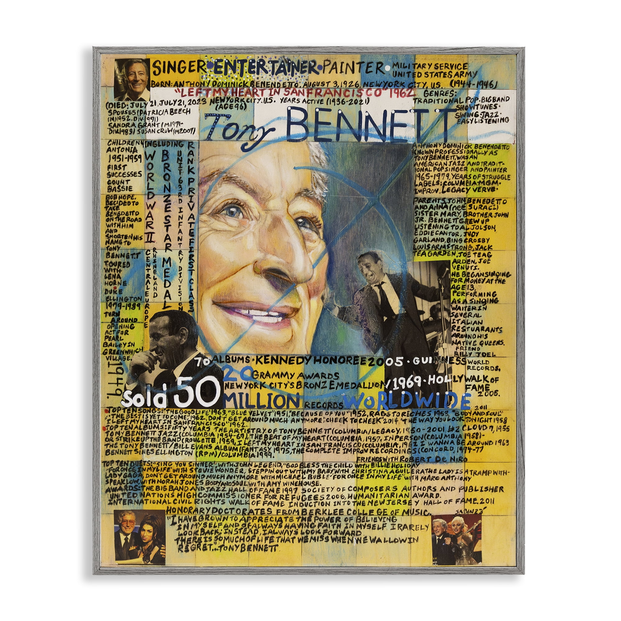 Stupell Industries Tony Bennett Collage People Drawing Gray Framed Art Print Wall Art, 11 x 14