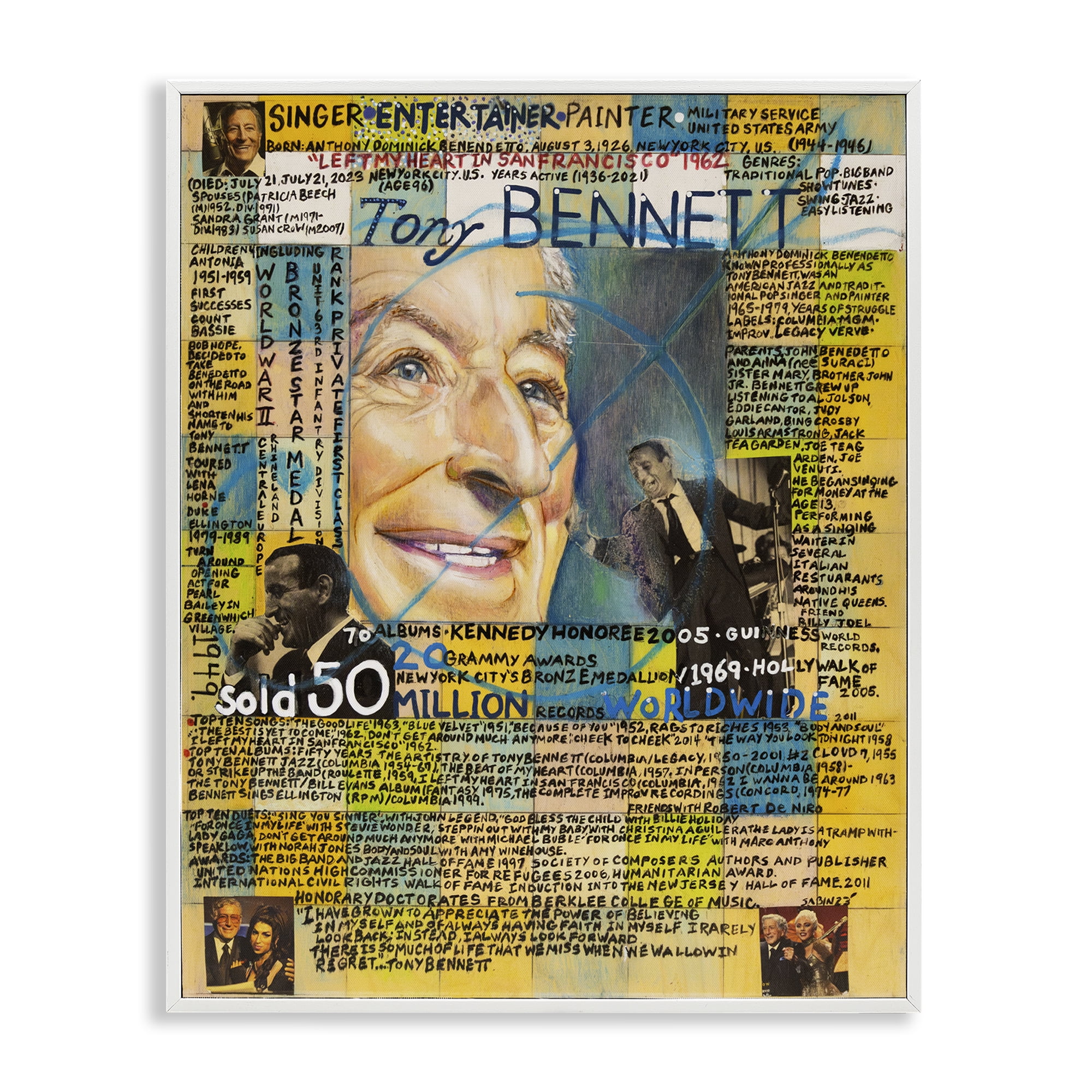 Stupell Industries Tony Bennett Collage People Drawing White Framed Art Print Wall Art, 24 x 30