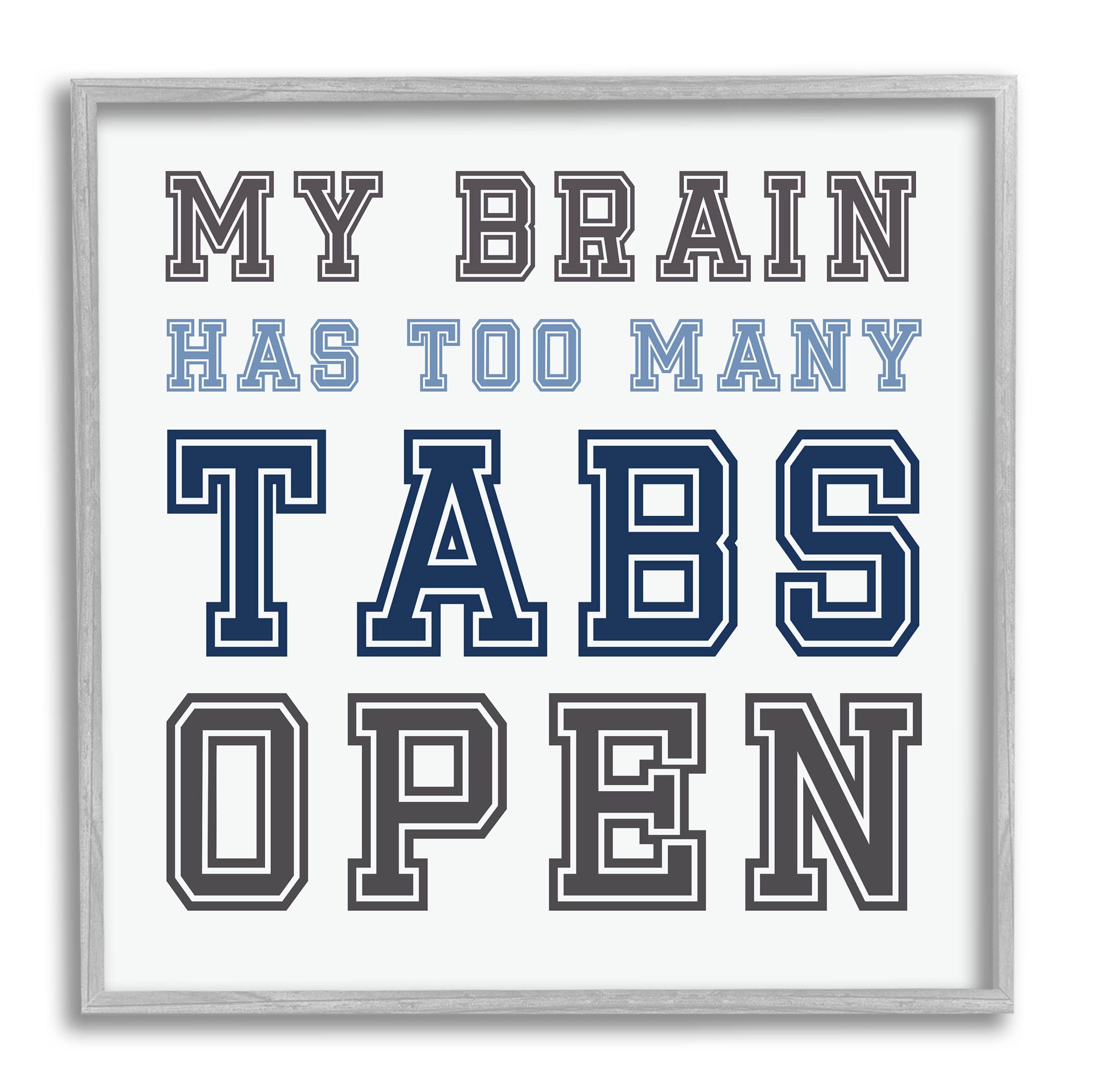 Stupell Industries Too Many Tabs Humorous Varsity Text Graphic Art Gray Framed Art Print Wall Art, Design by Leah Straatsma