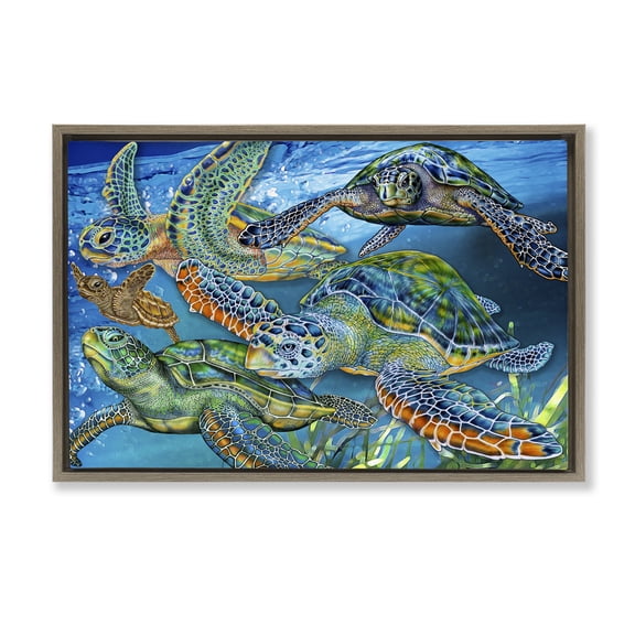 Stupell Industries Tortoise Family Underwater Swim Animals Painting Brown Floater Framed Canvas Art Print Wall Art, 31 x 21
