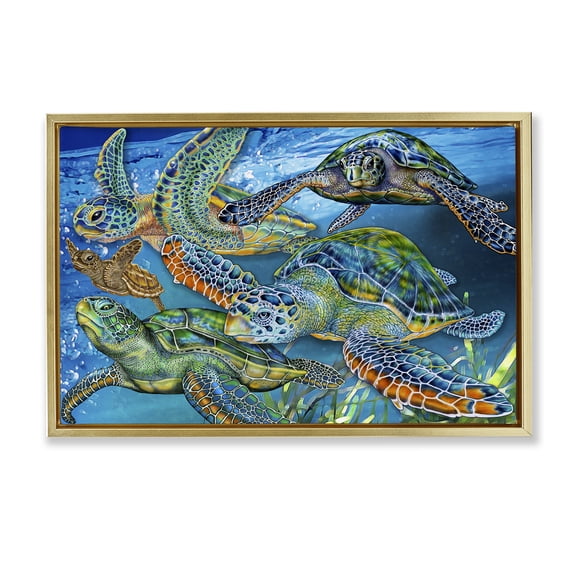 Stupell Industries Tortoise Family Underwater Swim Animals Painting Gold Floater Framed Canvas Art Print Wall Art, 25 x 17