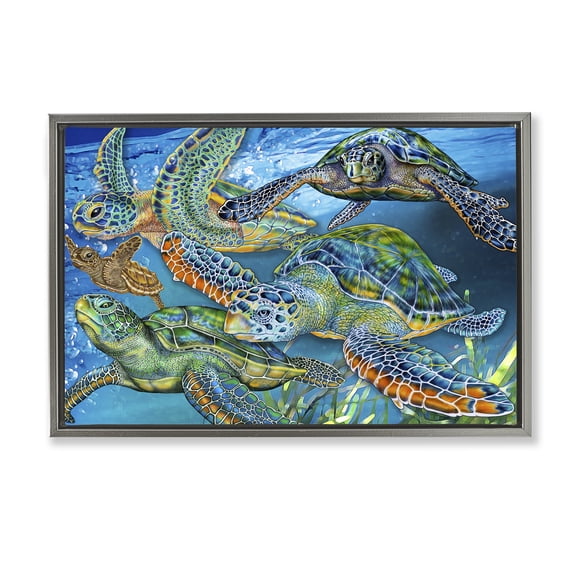 Stupell Industries Tortoise Family Underwater Swim Animals Painting Gray Floater Framed Canvas Art Print Wall Art, 31 x 21