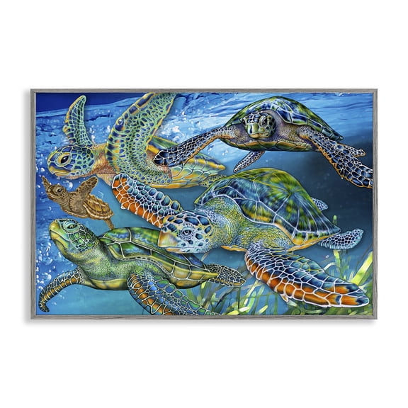 Stupell Industries Tortoise Family Underwater Swim Animals Painting Gray Framed Art Print Wall Art, 24 x 16