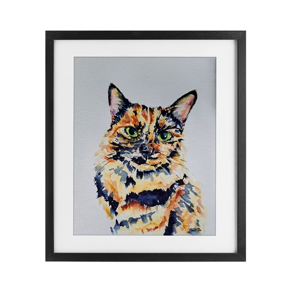 Tortoiseshell Cat Portrait Black Framed Print Under Glass, 17 x 21, Made In USA