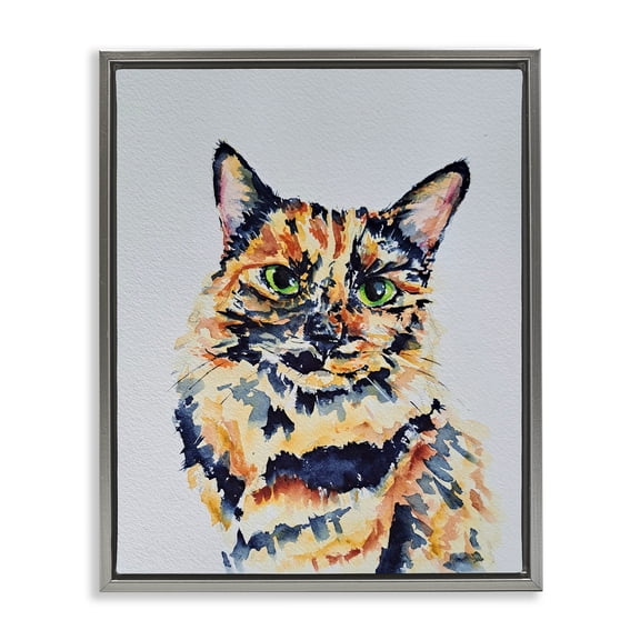 Tortoiseshell Cat Portrait Gray Floating Frame Canvas Art, 17 x 21, Made In USA