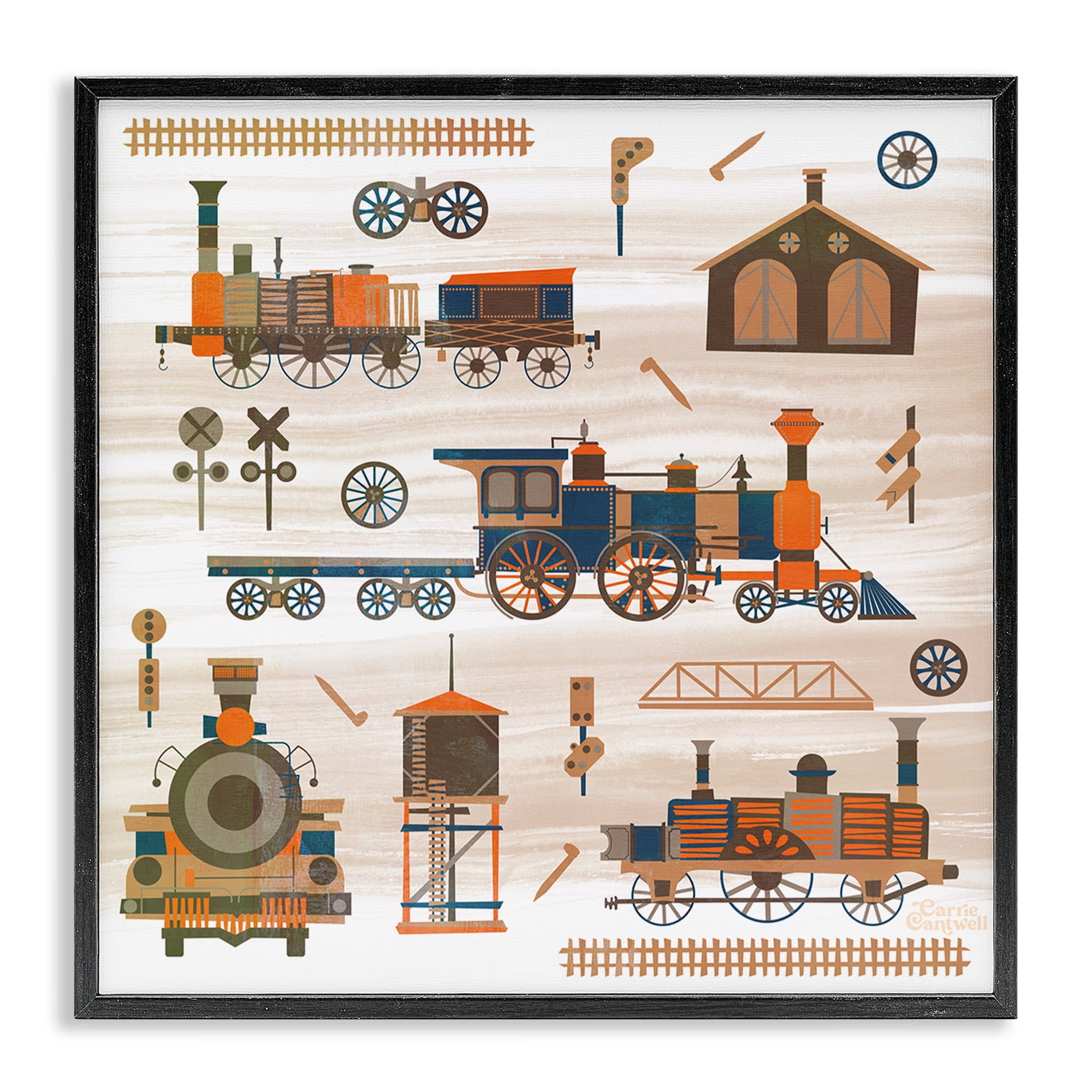 Stupell Industries Totally Trains Rustic Transportation Painting Black Framed Art Print Wall Art, 12 x 12
