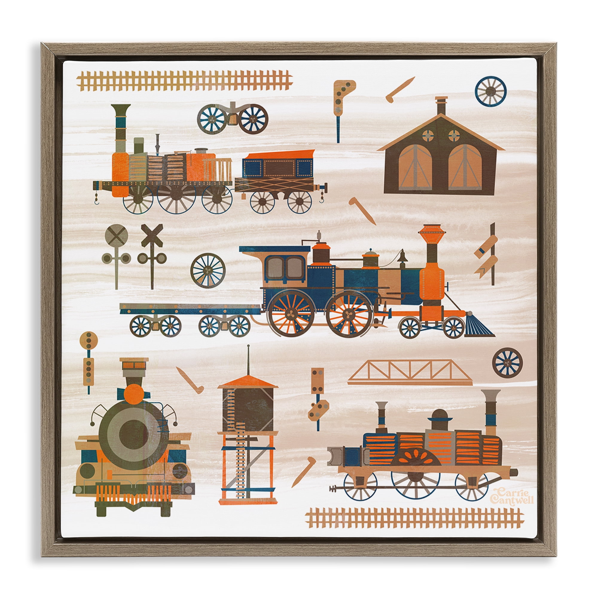 Stupell Industries Totally Trains Rustic Transportation Painting Brown Floater Framed Canvas Art Print Wall Art, 25 x 25