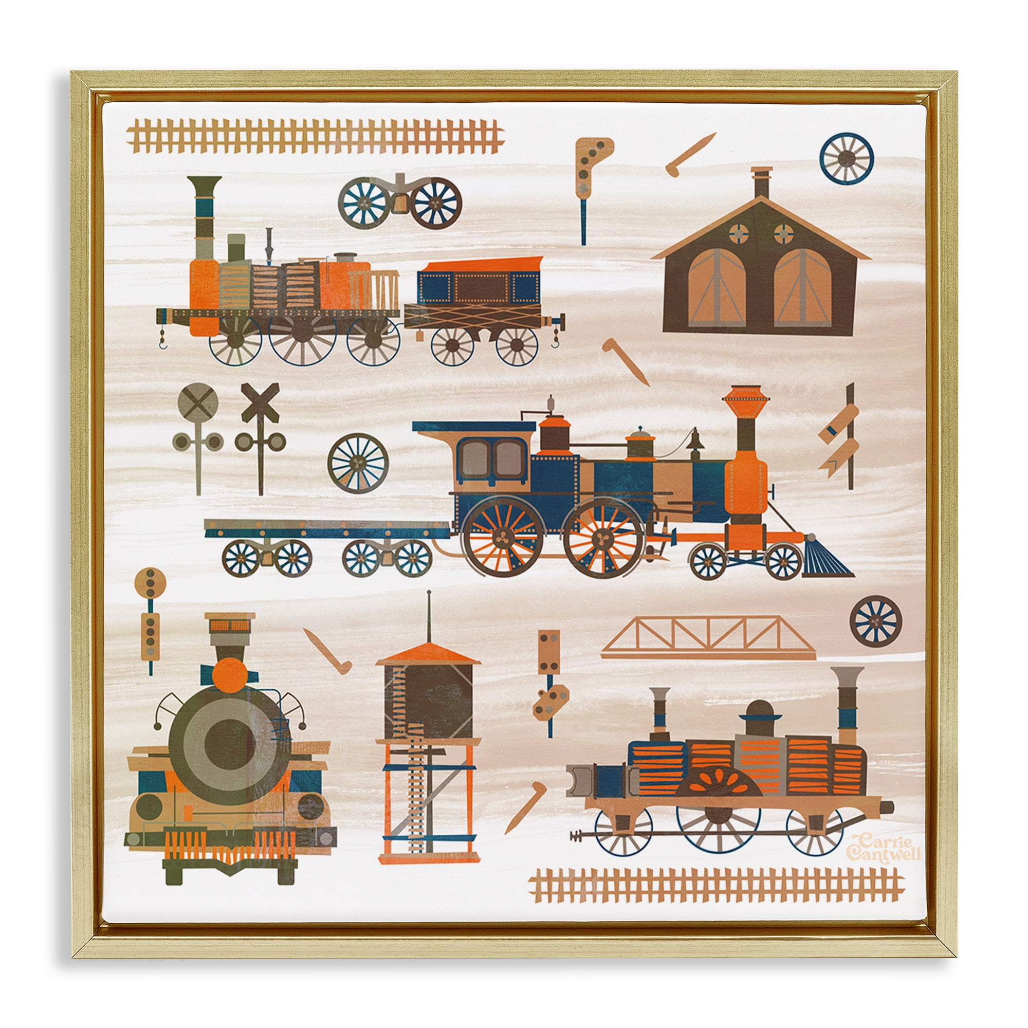 Stupell Industries Totally Trains Rustic Transportation Painting Gold Floater Framed Canvas Art Print Wall Art, 18 x 18