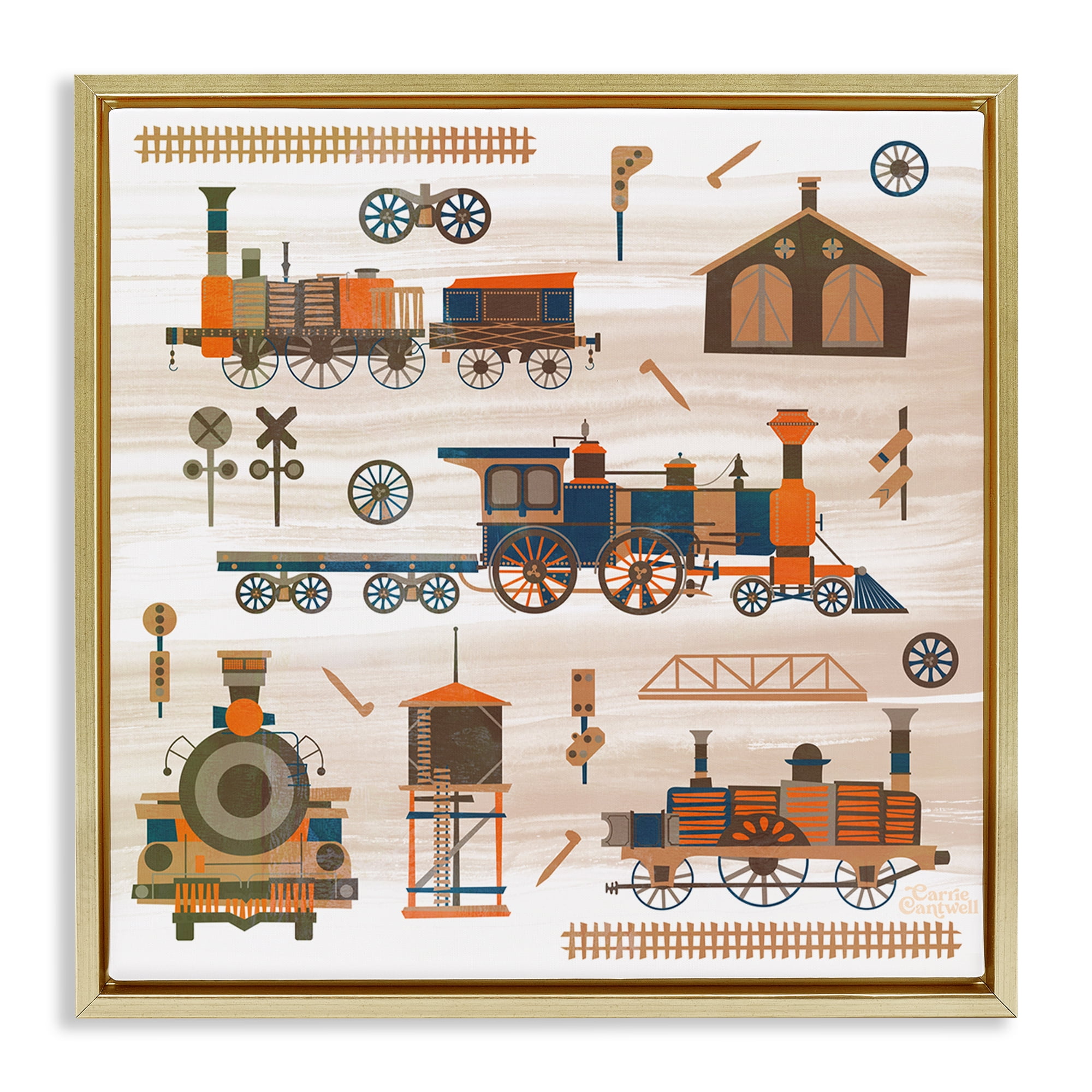 Stupell Industries Totally Trains Rustic Transportation Painting Gold Floater Framed Canvas Art Print Wall Art, 25 x 25