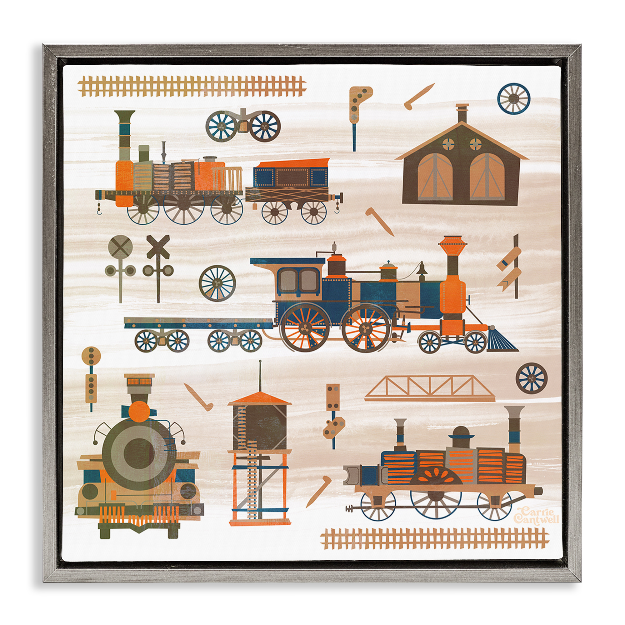Stupell Industries Totally Trains Rustic Transportation Painting Gray Floater Framed Canvas Art Print Wall Art, 25 x 25