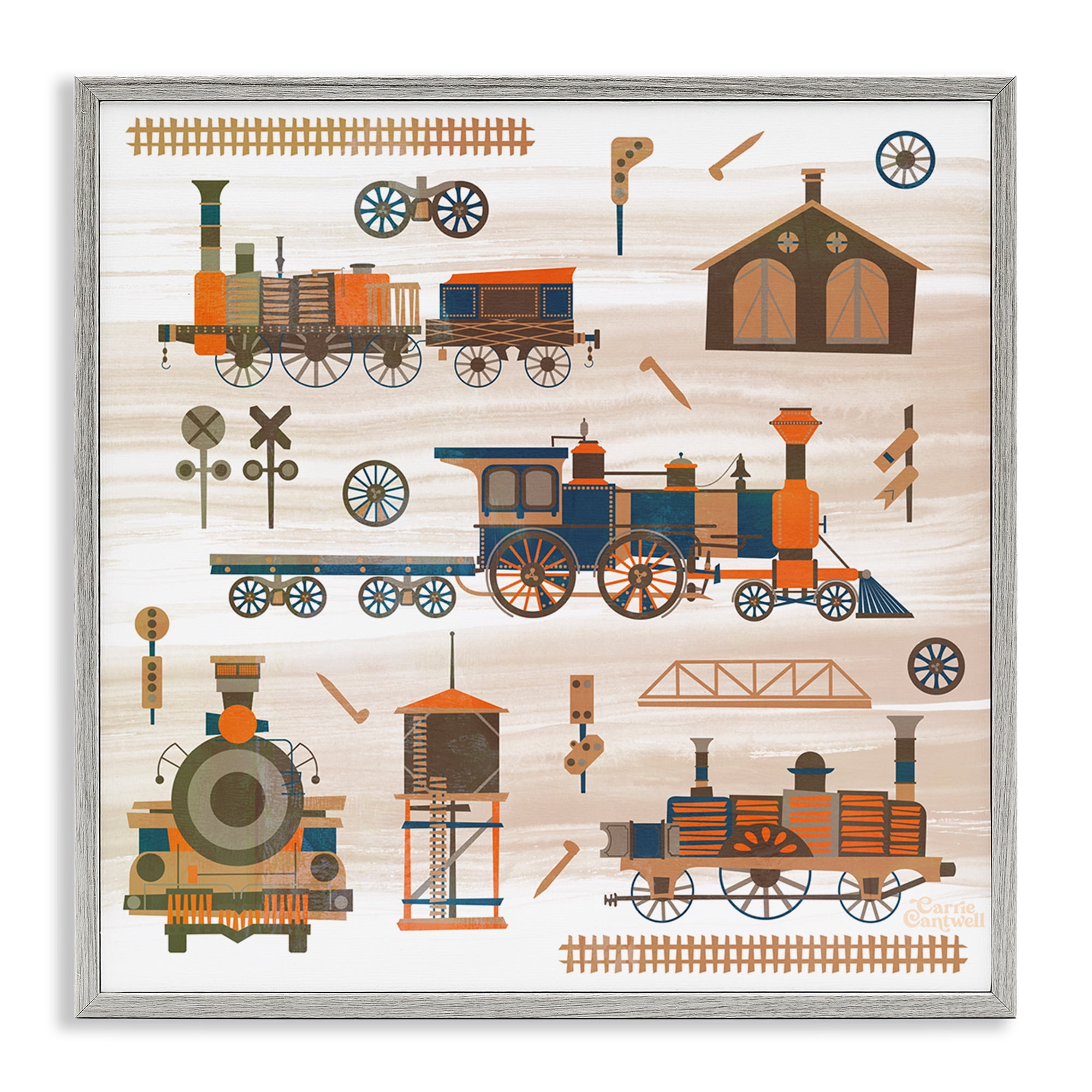 Stupell Industries Totally Trains Rustic Transportation Painting Gray Framed Art Print Wall Art, 24 x 24