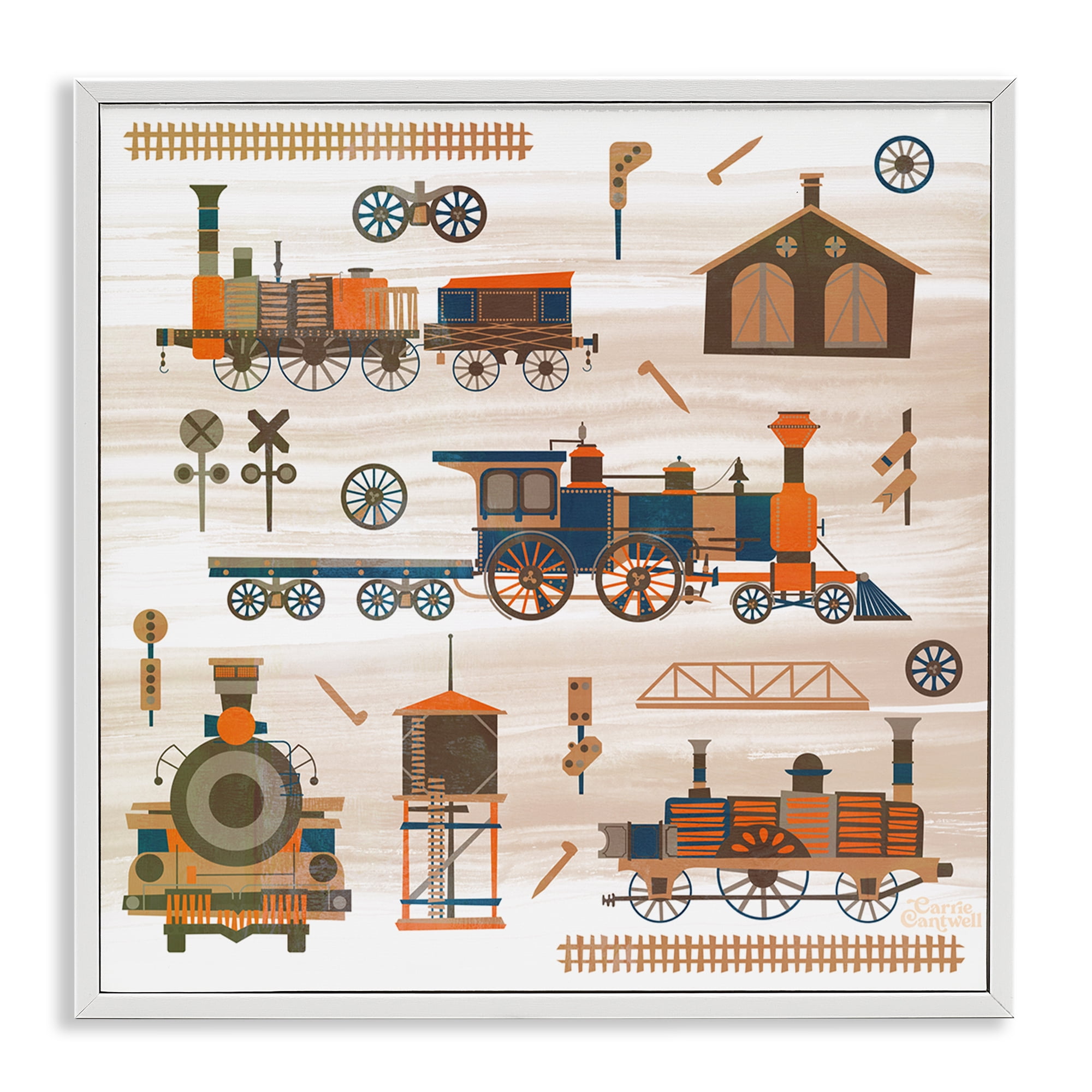 Stupell Industries Totally Trains Rustic Transportation Painting White Framed Art Print Wall Art, 12 x 12