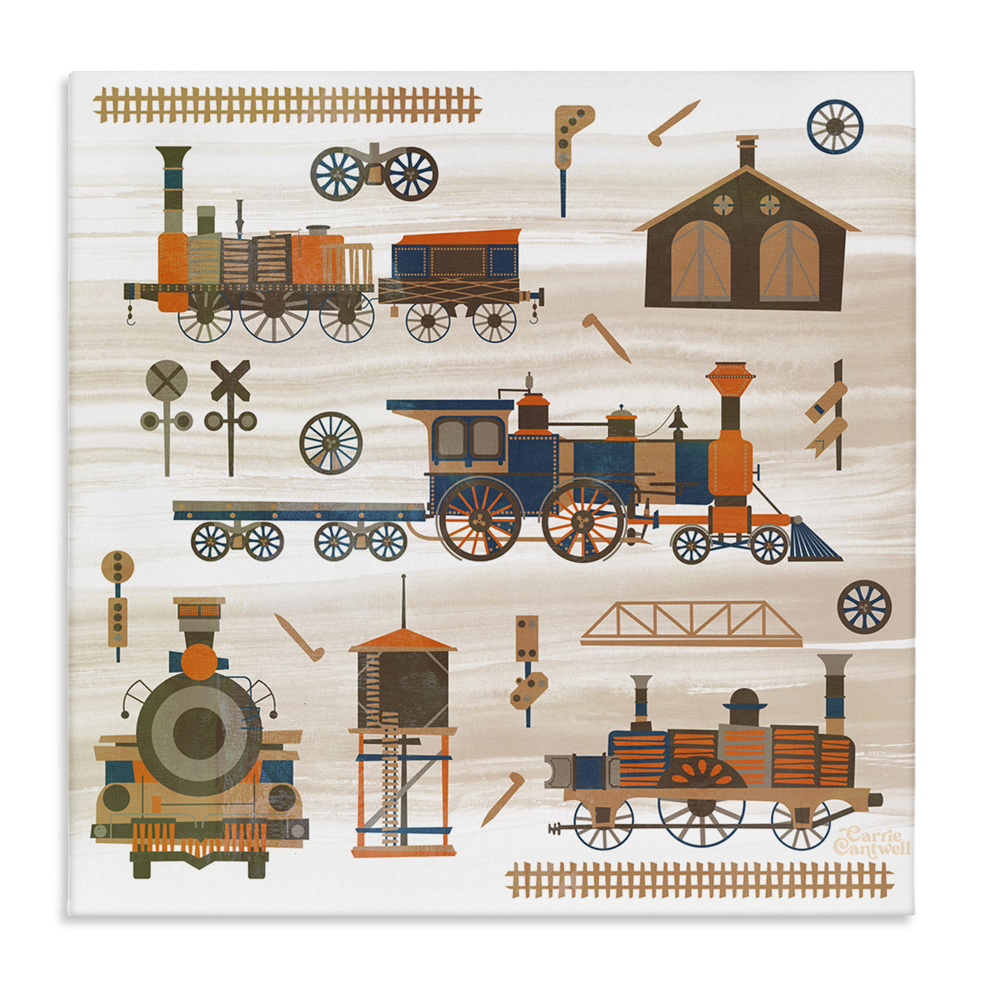 Stupell Industries Totally Trains Rustic Transportation Painting Wrapped Canvas Art Print Wall Art, 36 x 36