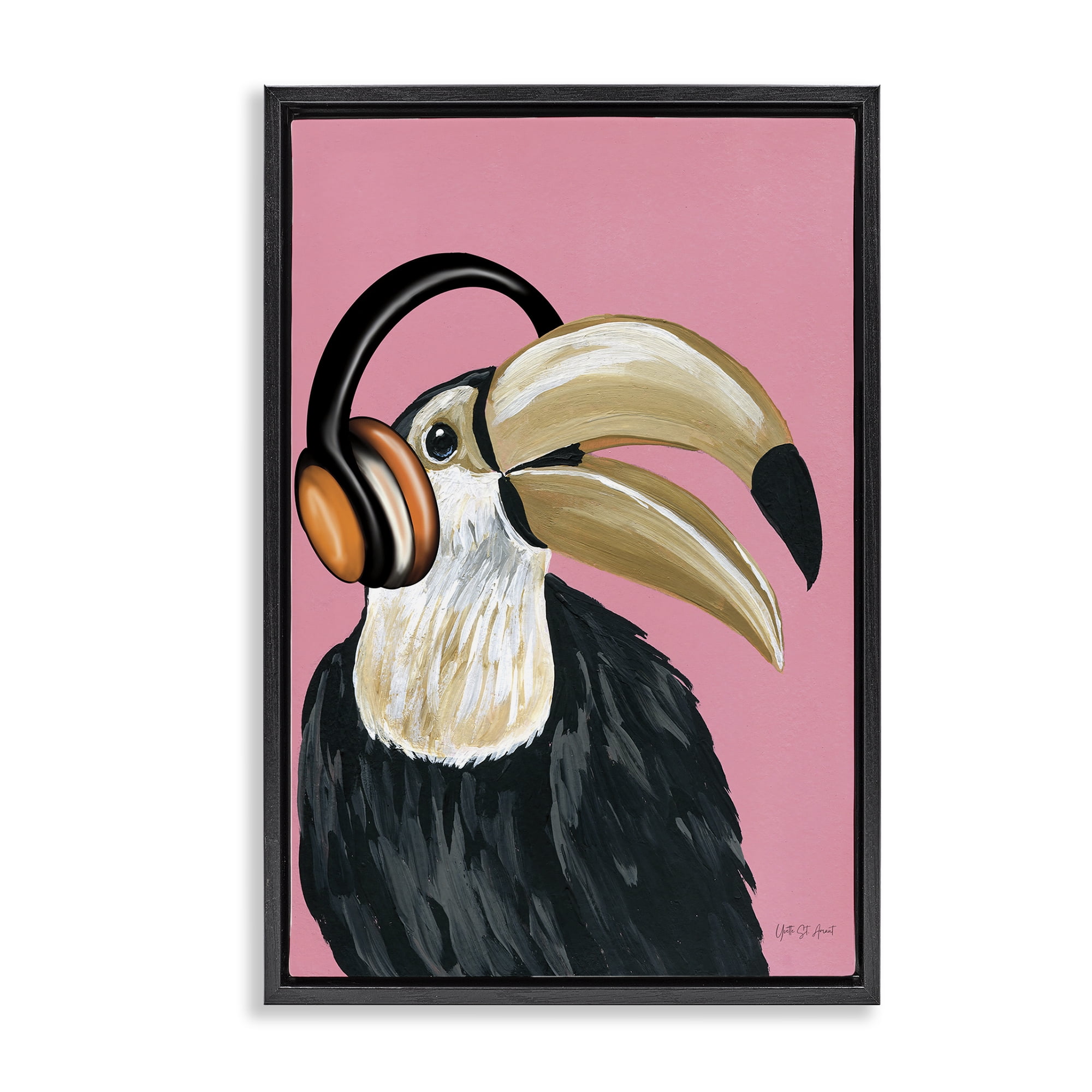Stupell Industries Toucan & Music Headphones Animals & Insects Painting Black Floater Framed Art Print Wall Art, 17 x 25