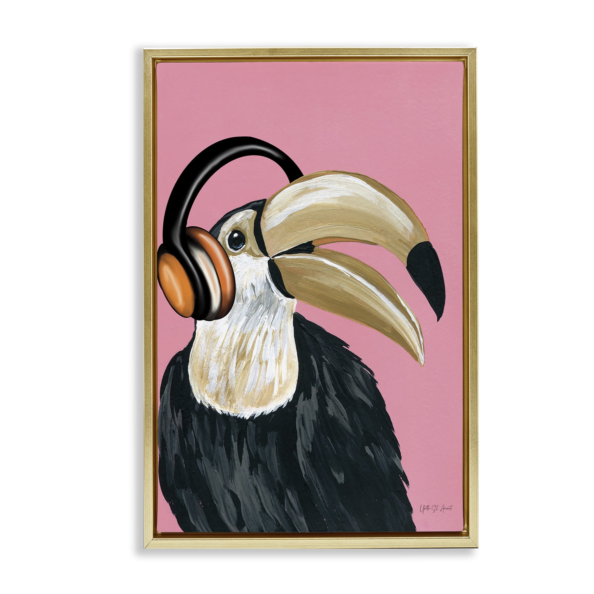 Stupell Industries Toucan & Music Headphones Animals & Insects Painting Gold Floater Framed Art Print Wall Art, 21 x 31