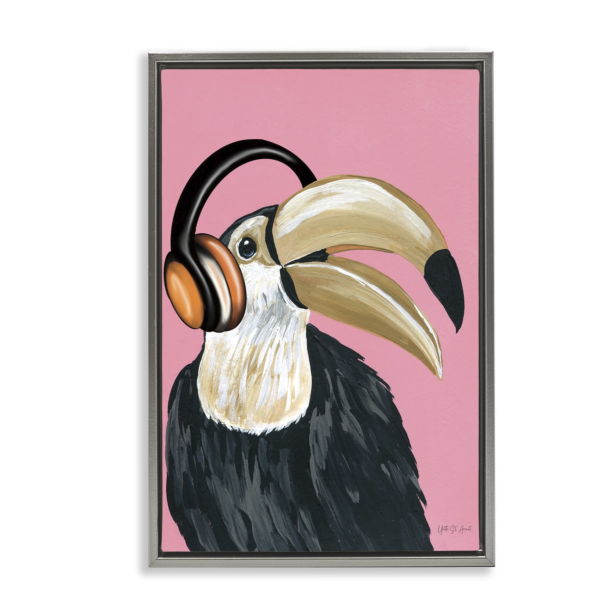 Stupell Industries Toucan & Music Headphones Animals & Insects Painting Gray Floater Framed Art Print Wall Art, 17 x 25