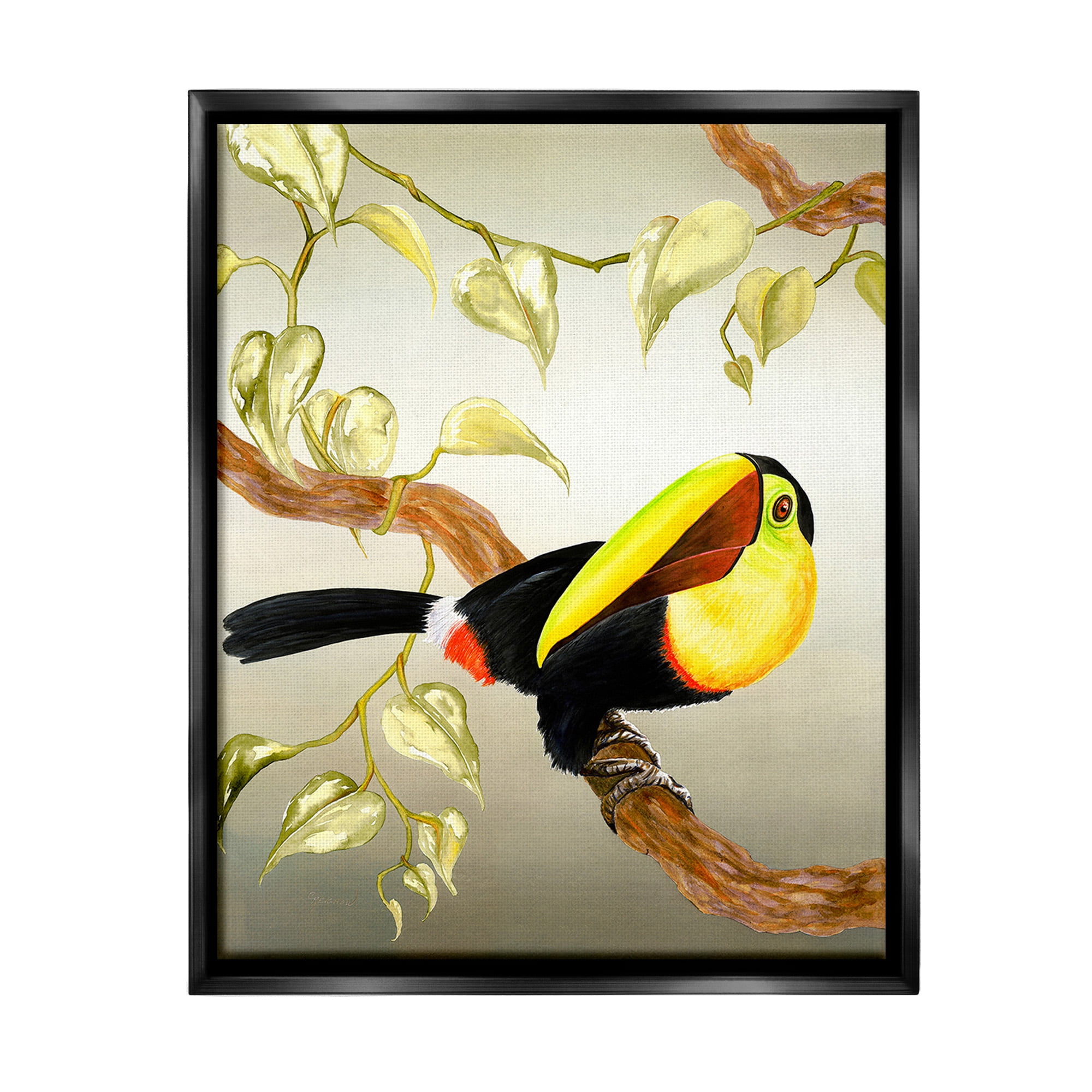 Stupell Industries Toucan Perched on Branch Animals & Insects Painting Black Floater Framed Canvas Art Print Wall Art, 25 x 31