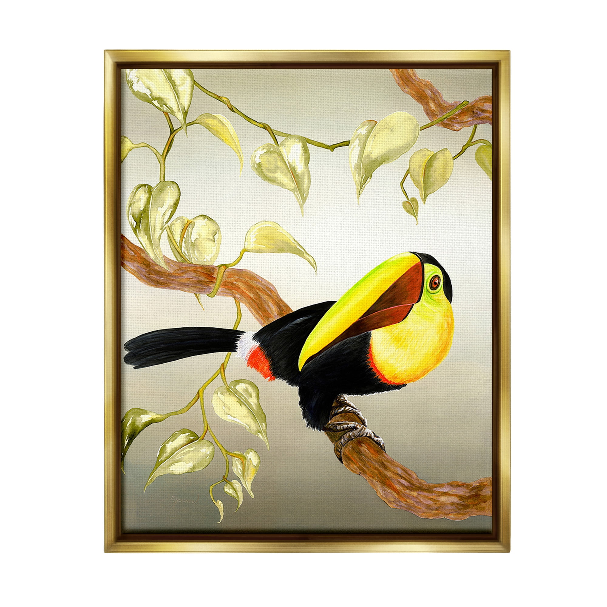 Stupell Industries Toucan Perched on Branch Animals & Insects Painting Gold Floater Framed Canvas Art Print Wall Art, 17 x 21