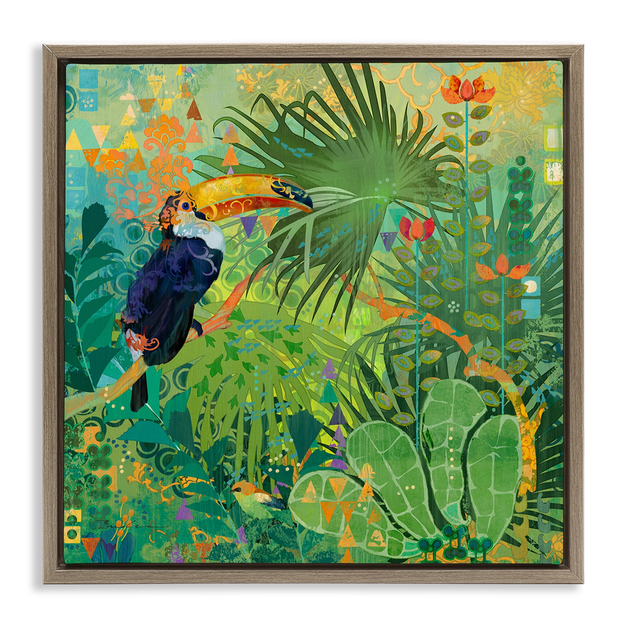 Stupell Industries Toucan Rainforest Nature Animals & Insects Painting Brown Floater Framed Canvas Art Print Wall Art, 25 x 25