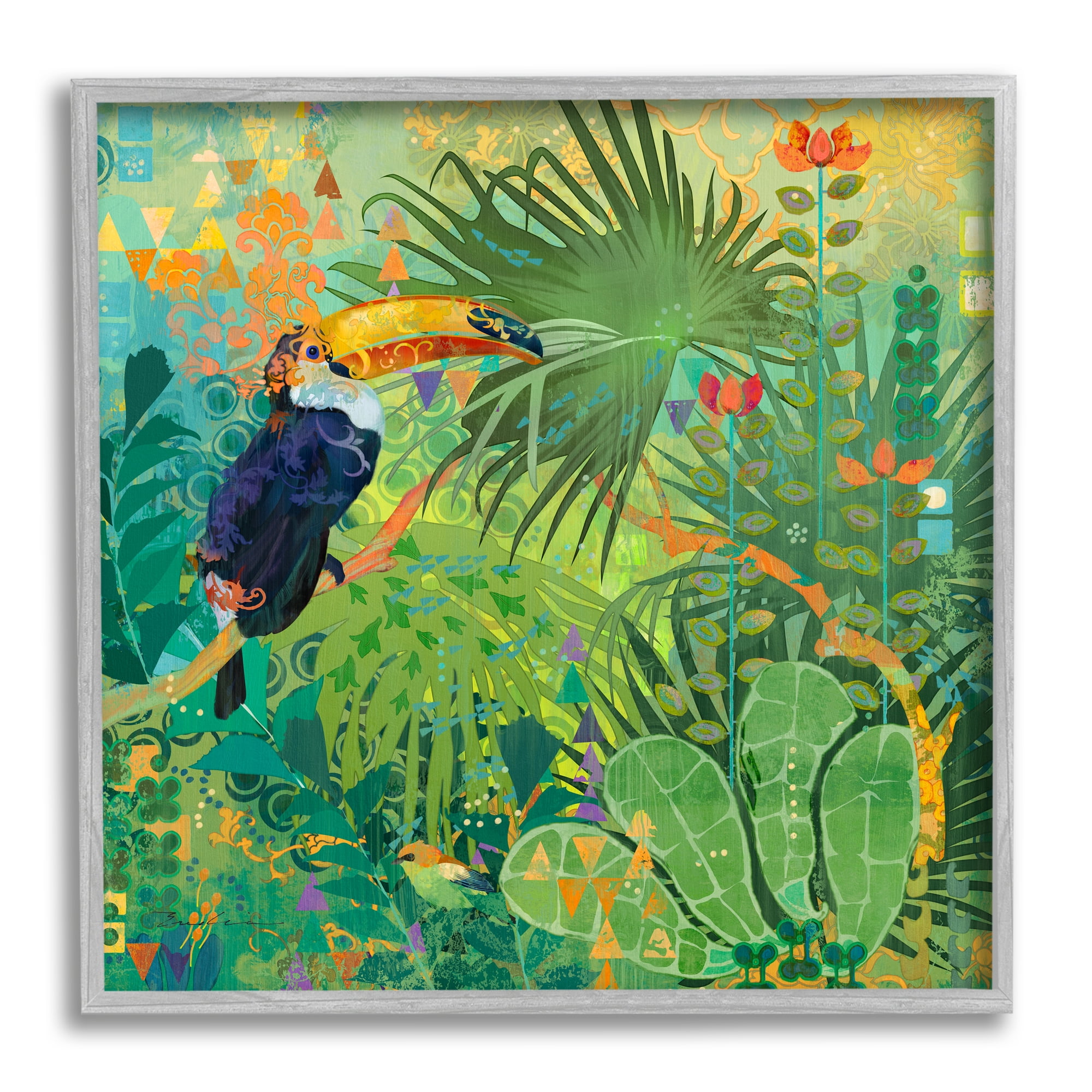 Stupell Industries Toucan Rainforest Nature Animals & Insects Painting Gray Framed Art Print Wall Art, 12 x 12