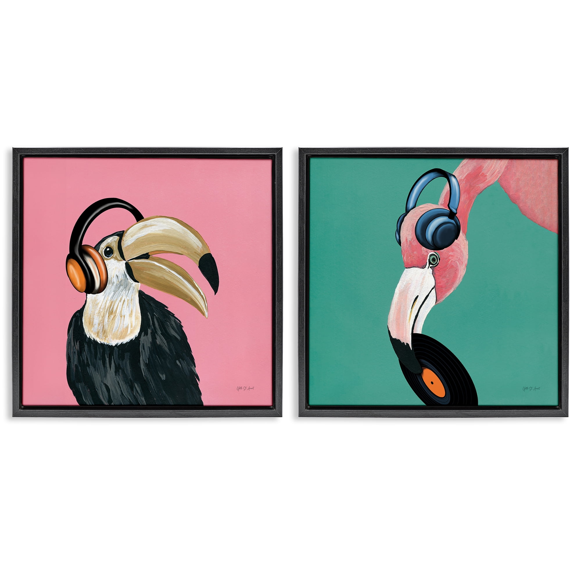 Stupell Industries Toucan and Flamingo Musical Pals Animals Painting Black Floater Framed Canvas Art Print Wall Art, 25 x 25, Set of 2