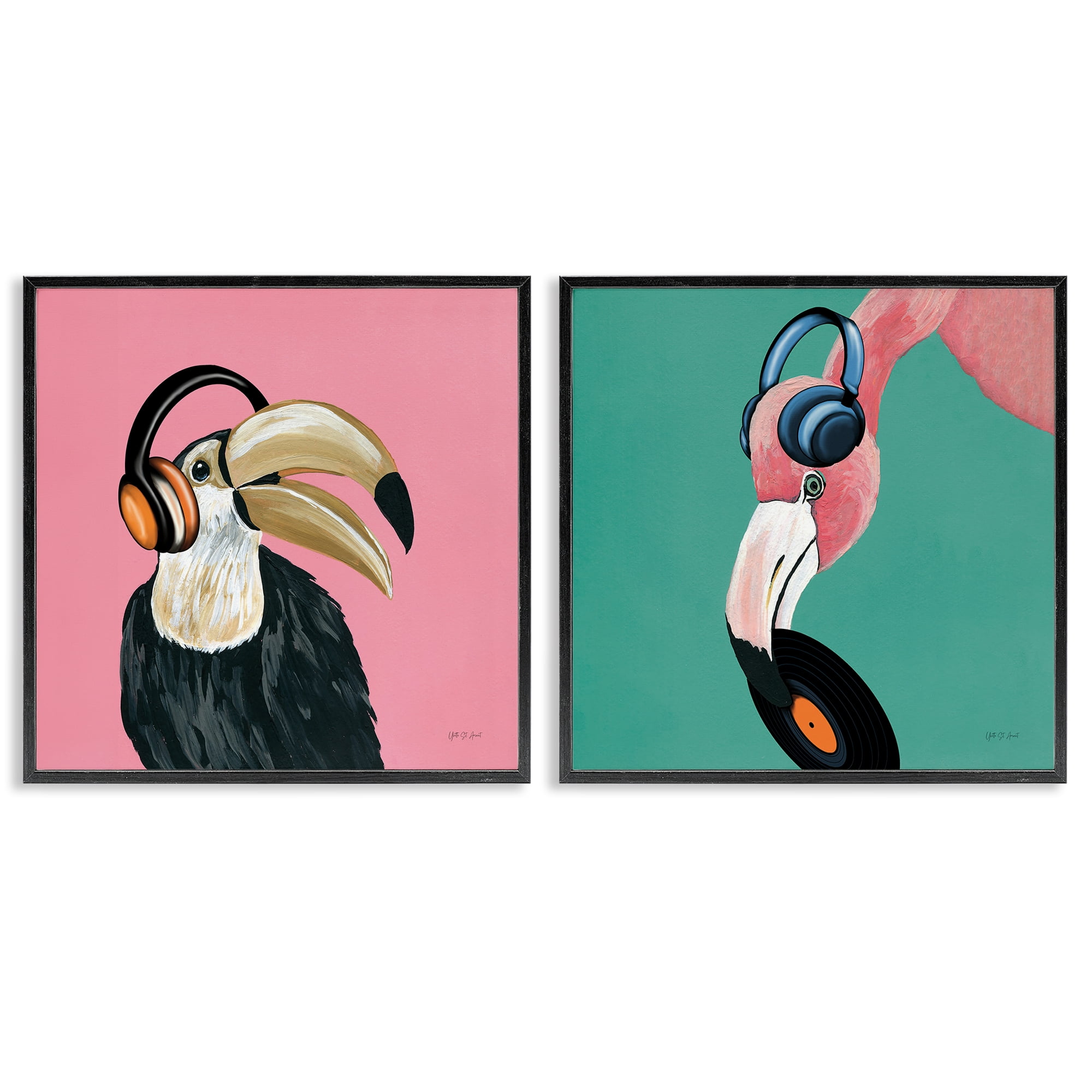 Stupell Industries Toucan and Flamingo Musical Pals Animals Painting Black Framed Art Print Wall Art, 17 x 17, Set of 2