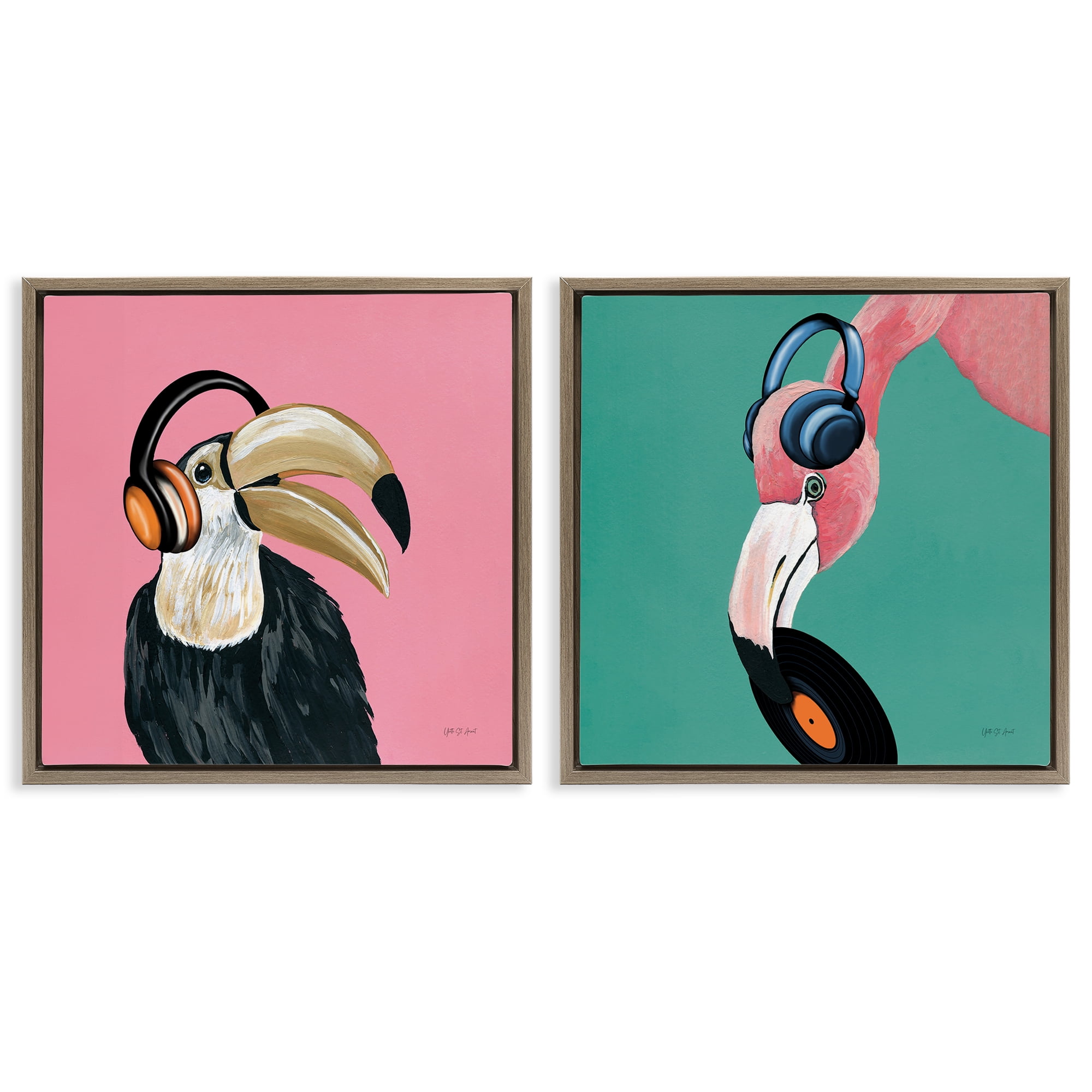 Stupell Industries Toucan and Flamingo Musical Pals Animals Painting Brown Floater Framed Canvas Art Print Wall Art, 25 x 25, Set of 2