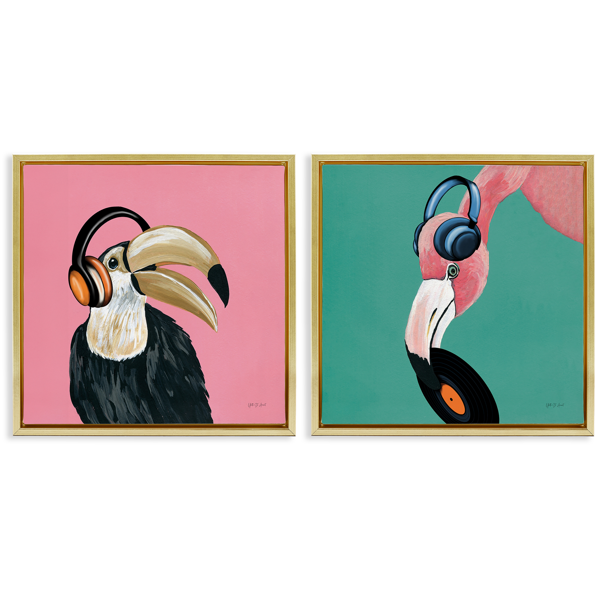 Stupell Industries Toucan and Flamingo Musical Pals Animals Painting Gold Floater Framed Canvas Art Print Wall Art, 18 x 18, Set of 2