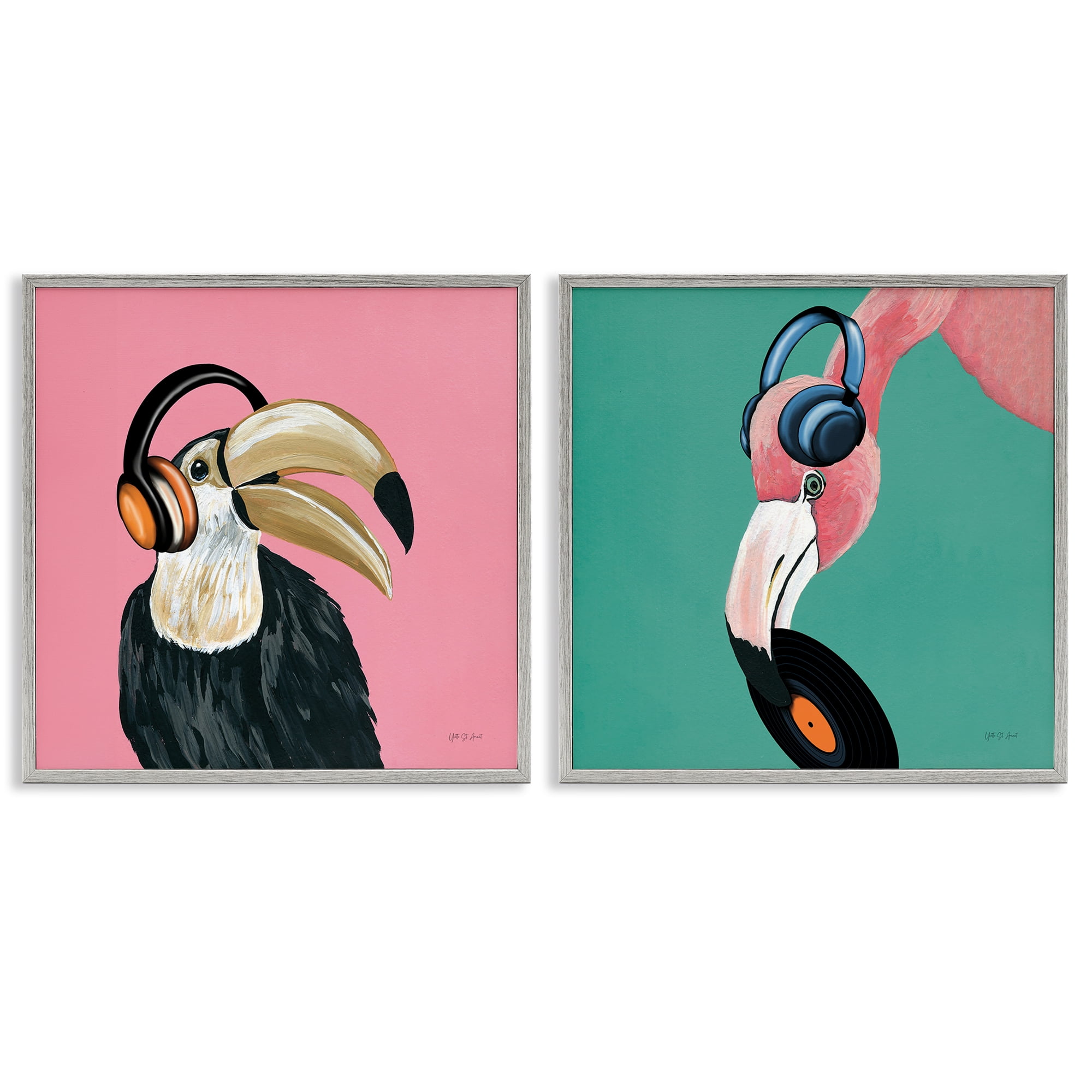Stupell Industries Toucan and Flamingo Musical Pals Animals Painting Gray Framed Art Print Wall Art, 12 x 12, Set of 2