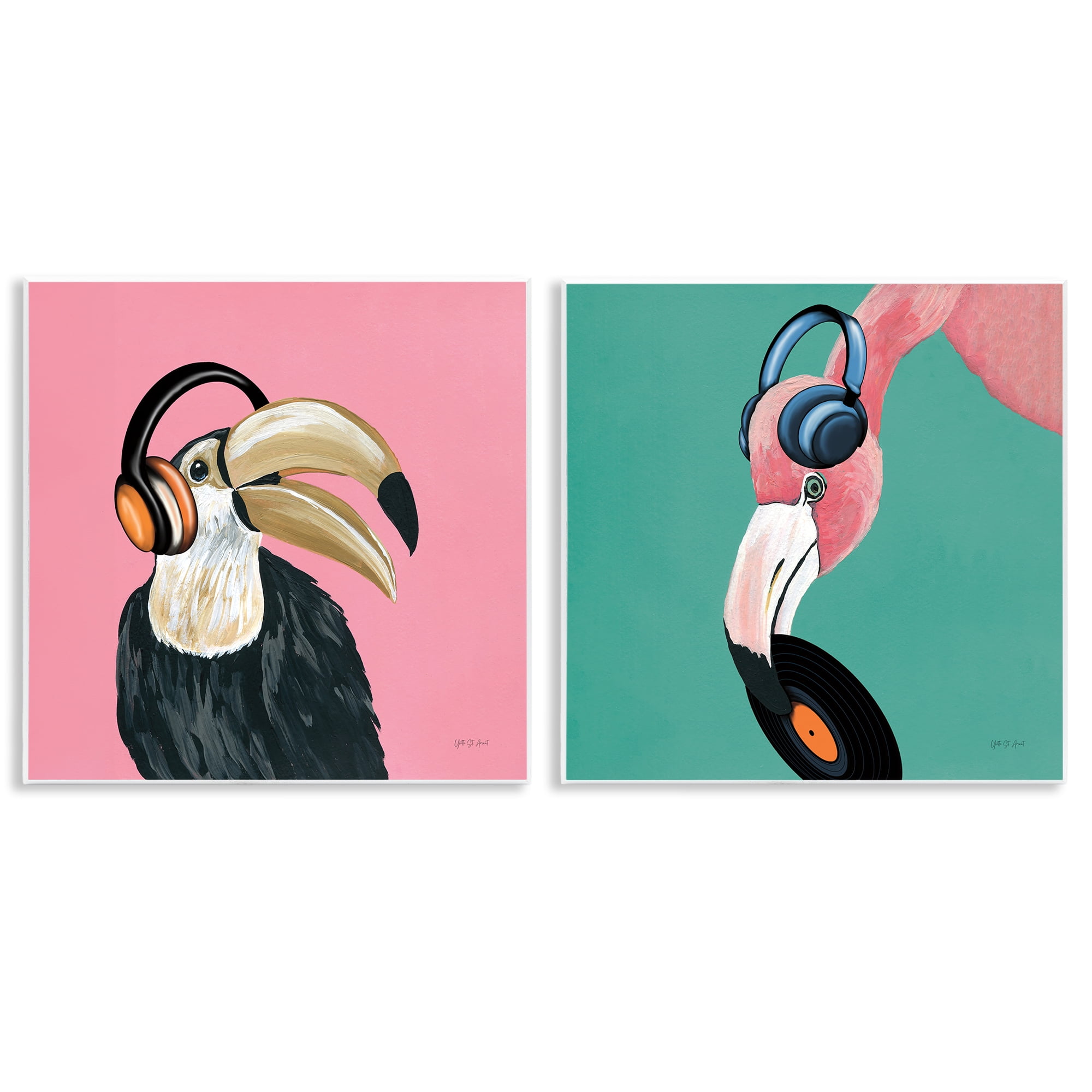 Stupell Industries Toucan and Flamingo Musical Pals Animals Painting Unframed Art Print Wall Art, 12 x 12, Set of 2