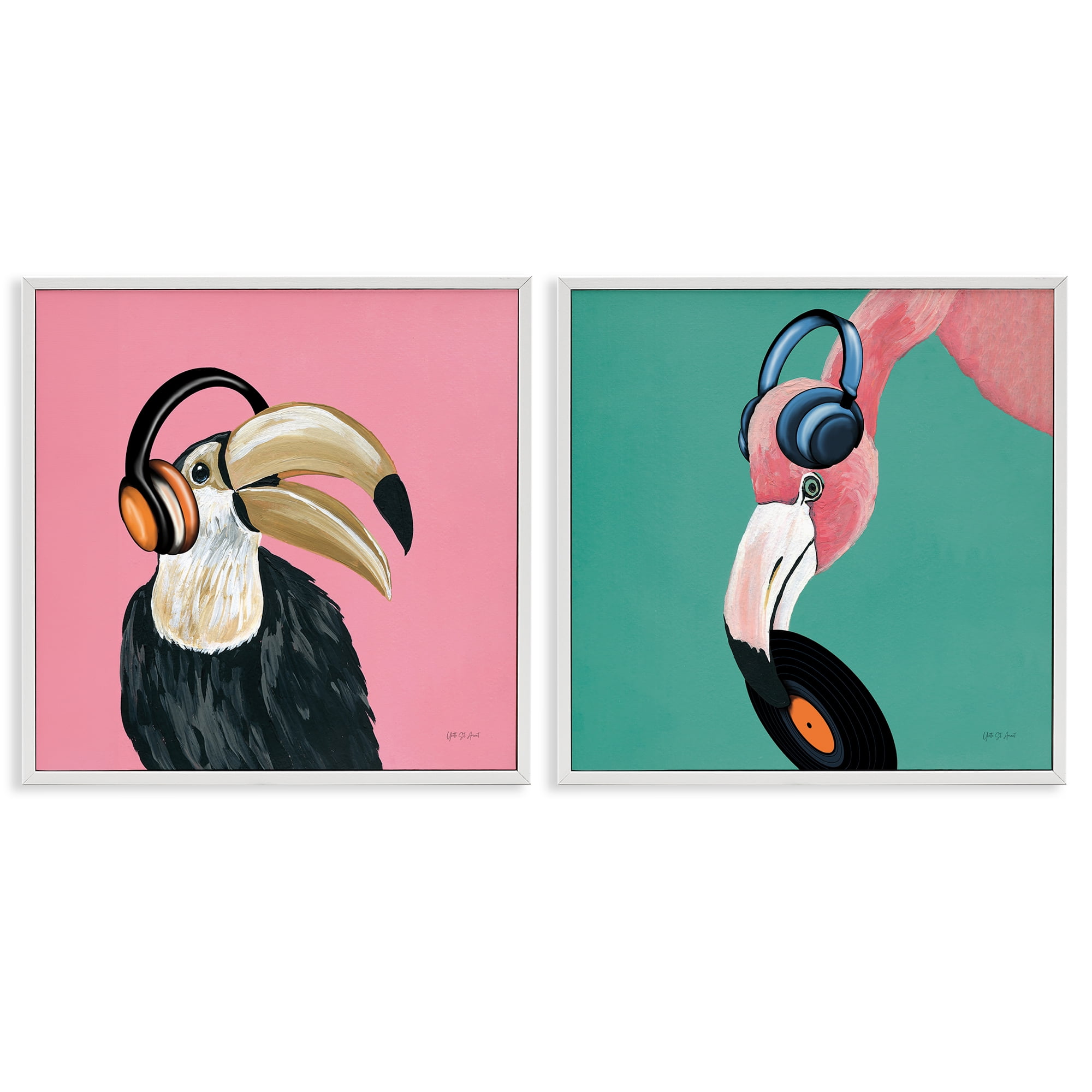 Stupell Industries Toucan and Flamingo Musical Pals Animals Painting White Framed Art Print Wall Art, 12 x 12, Set of 2