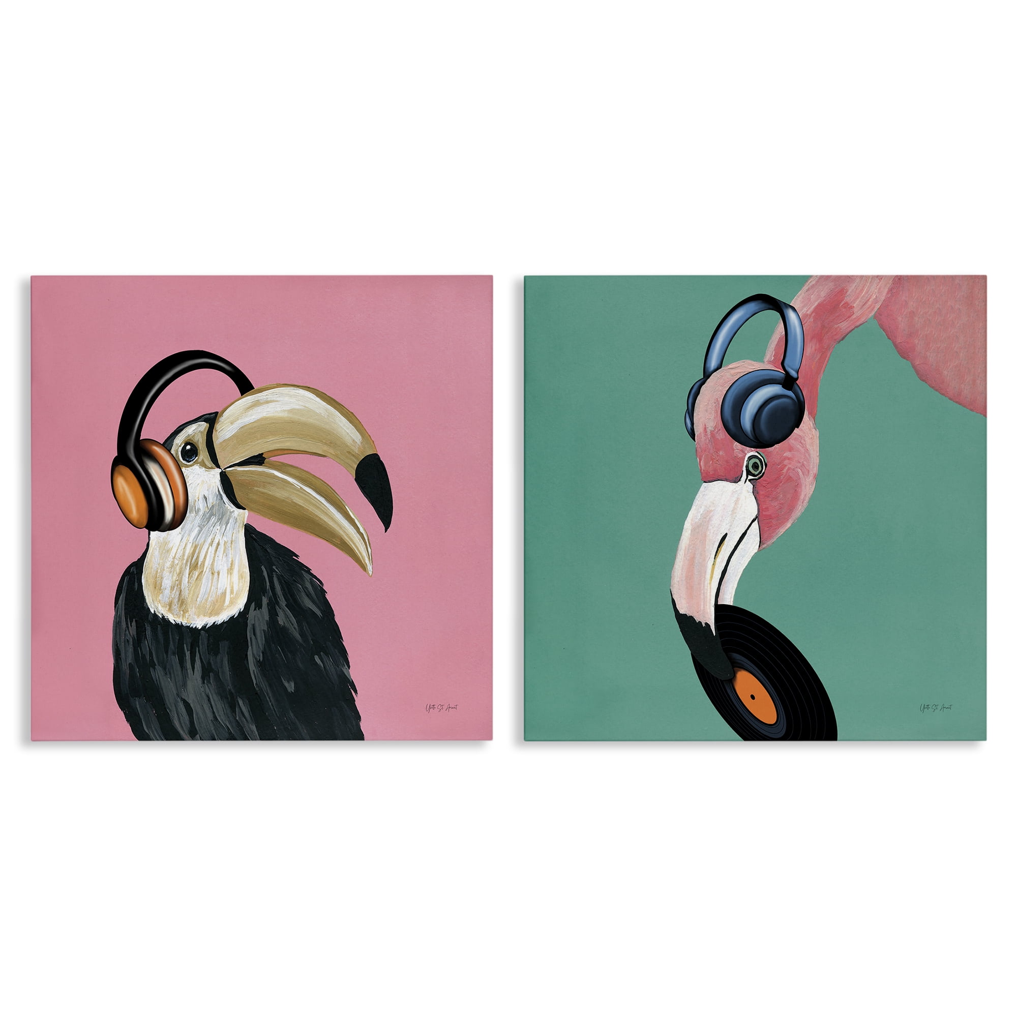 Stupell Industries Toucan and Flamingo Musical Pals Animals Painting Wrapped Canvas Art Print Wall Art, 17 x 17, Set of 2