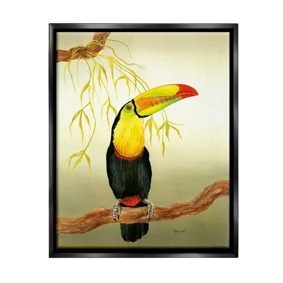 Stupell Industries Toucan on Forest Branch Animals & Insects Painting Black Floater Framed Canvas Art Print Wall Art, 17 x 21